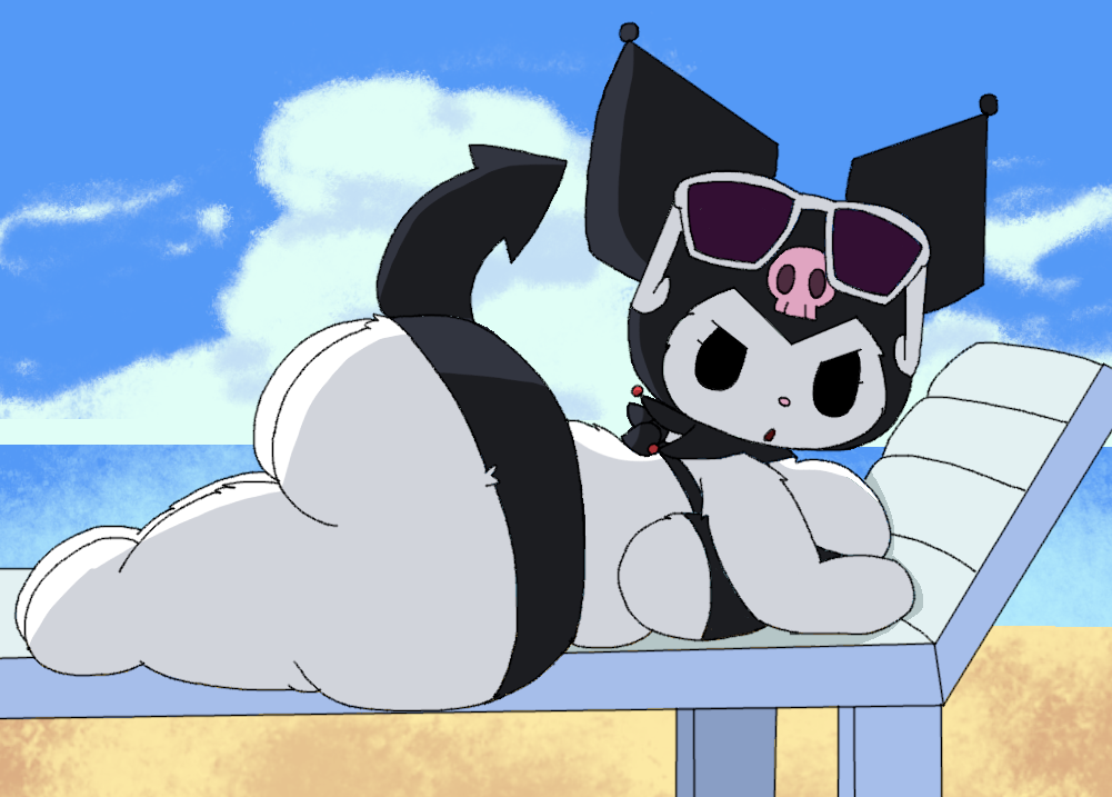 annoyed_expression anthro artist_request beach beach_chair cartoon hello_kitty hello_kitty_(series) kuromi massive_ass massive_breasts nsfw redraw redrawn sanrio sunglasses_on_head swimsuit tagme tail