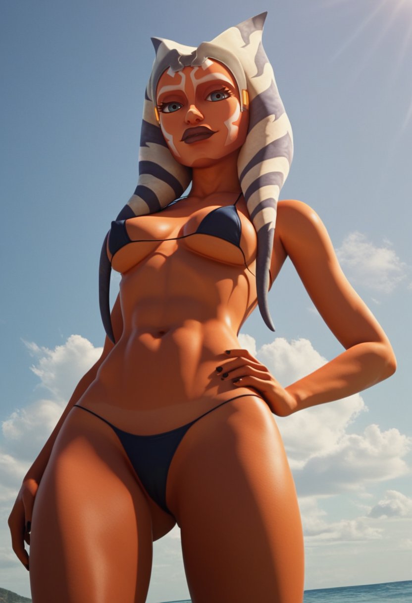 1girls, ahsoka tano, ai assisted, ai generated, alien, alien girl, beach, bikini, bikini bottom, bikini top, clone wars, duchess eugene, facial mark, facial markings, female, female only, hand on hip, lekku, lekku (anatomy), looking at viewer, low-angle view, micro bikini, orange body, orange skin, seductive look, seductive smile, solo, standing, star wars, swimwear, tanline, togruta, underwear, underwear only