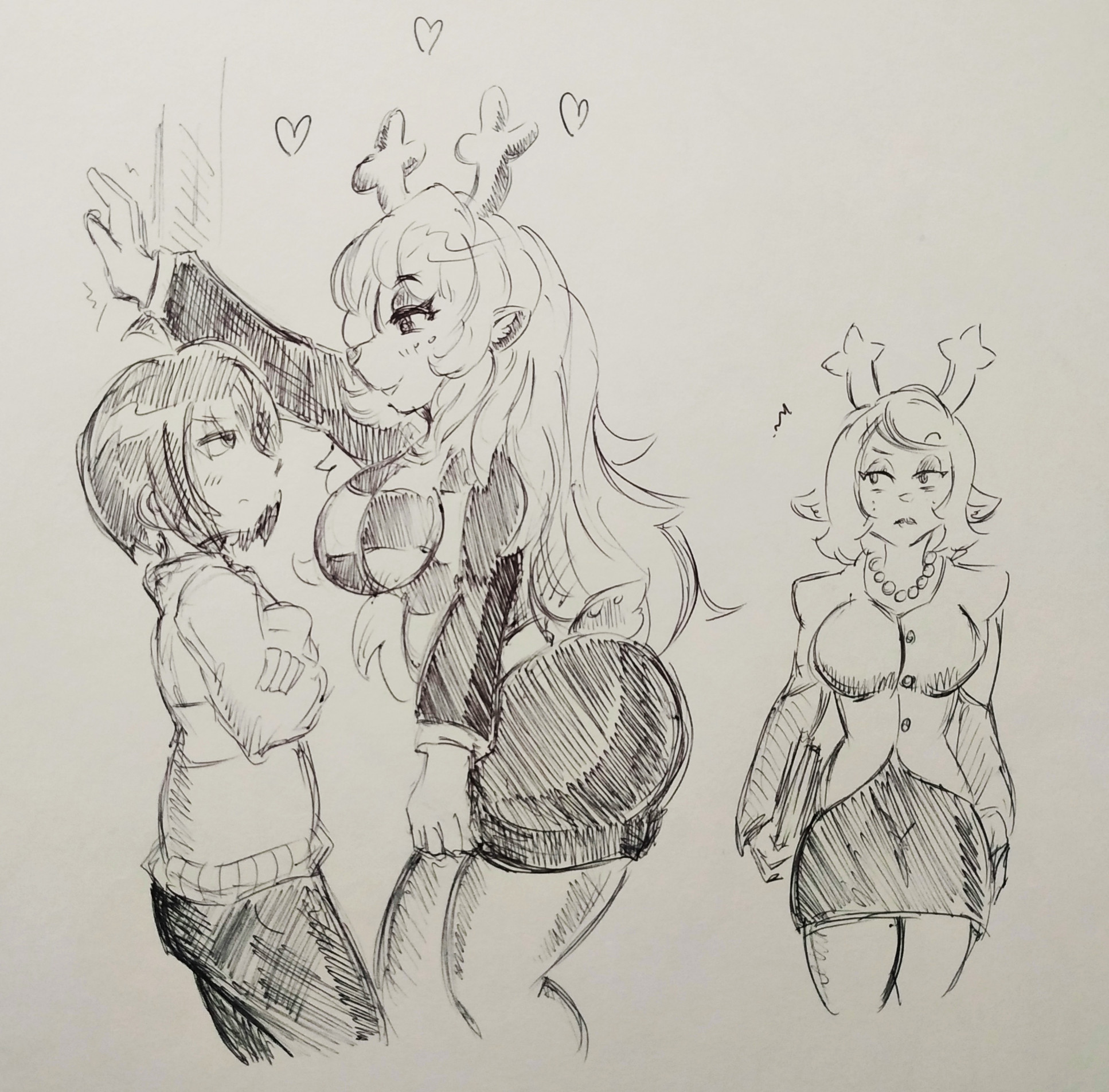 anthro, big breasts, breasts, busty, carol holiday, clothed, deltarune, deltarune chapter 4, female, height difference, kabedon, kris (deltarune), milf, mother and daughter, noelle holiday, pikapika212, sketch, thick, undertale (series)
