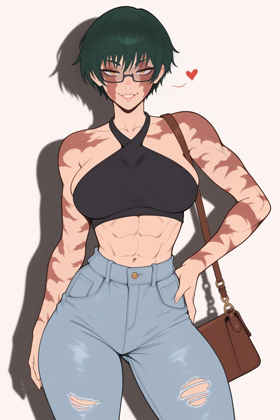 1girls, ai assisted, ai generated, bag, bare arms, bare shoulders, belly button, female, female only, fit, fit female, fitness, glasses, green hair, grin, grinding, grinning at viewer, hourglass figure, hourglass figured female, jeans, jujutsu kaisen, large breasts, maki zenin, muscular, muscular chest, muscular female, muscular thighs, posing, posing for picture, posing for the viewer, post-timeskip, purse, scar, scar on face, scars all over, short hair, six pack, slim waist, smile, smiling at viewer, smirking, smirking at viewer, tagme, tank top, thick thighs, time skip, tomboy, tomboyish, top, waifu diffusion, waifuinvoker, white background, wide hips, yellow eyes, zenin maki