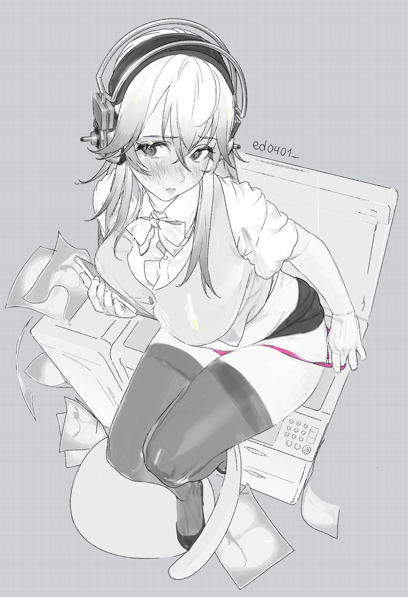 1girls, blush, breasts, ed0401 , exhibitionism, female, large breasts, nitroplus, office lady, photocopier, photocopying butt, squished breasts, stockings, super sonico, taking off panties, thighhighs