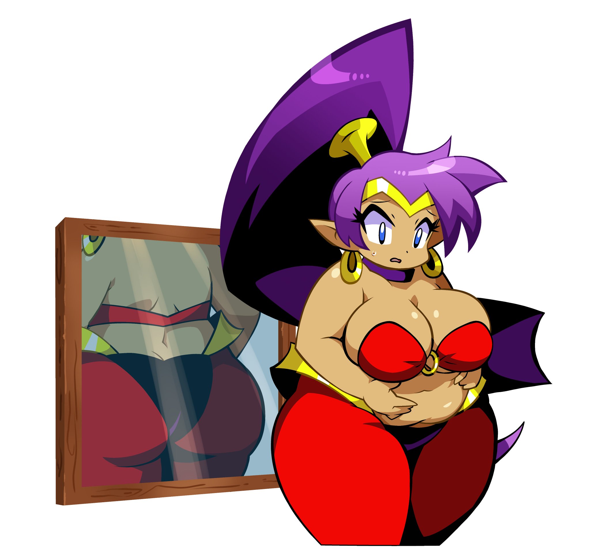 1girls, accurate art style, ass, big ass, big breasts, big butt, blue eyes, breasts, bubble ass, bubble butt, chubby, chubby female, fat, fat ass, fat female, fat woman, female, female only, huge ass, huge butt, mirror, mirror reflection, niyuyu, overweight, overweight female, purple hair, shantae, shantae (character), solo, thick thighs, wayforward, white background