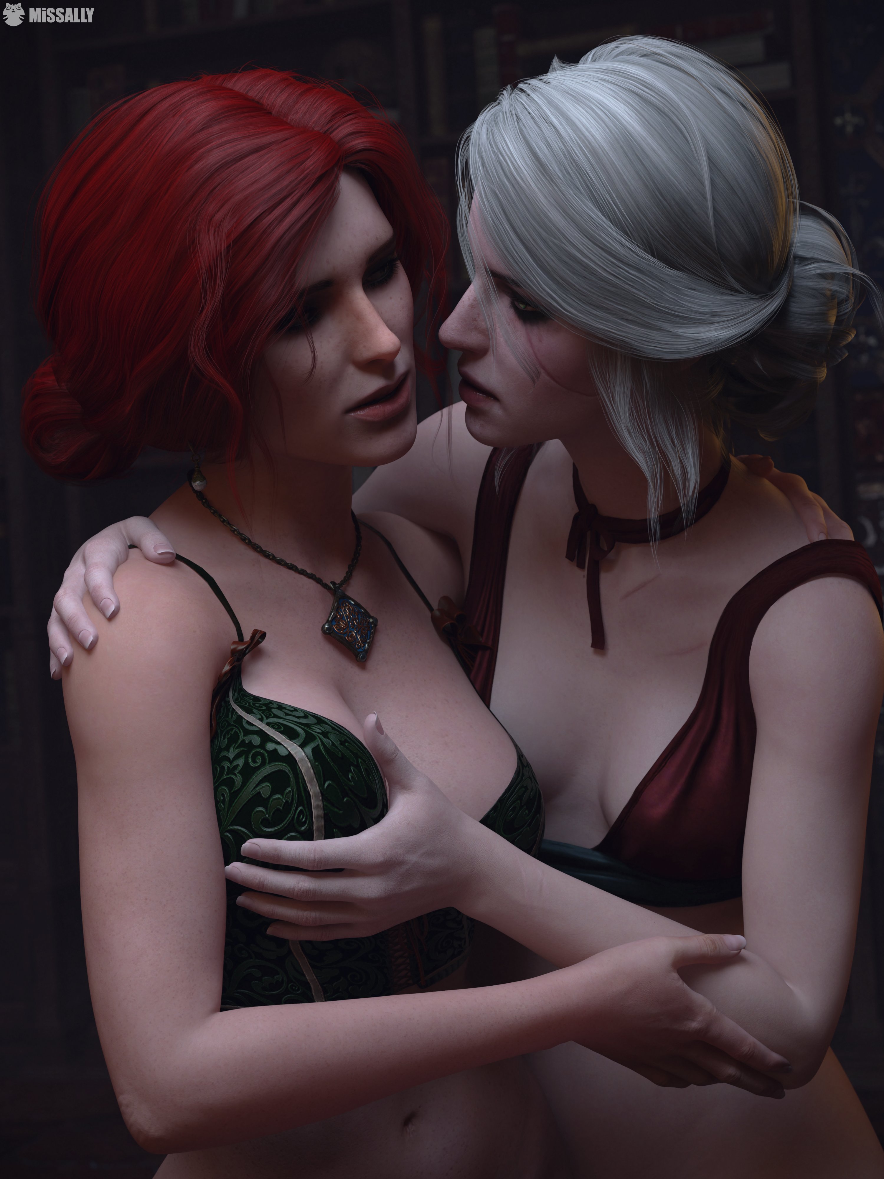 2girls, 3d, bra, breast grab, breasts, cd projekt red, ciri, female, fingernails, freckles, green eyes, light skin, light-skinned female, mascara, missally, necklace, red hair, scar, the witcher (series), the witcher 3: wild hunt, triss merigold, white hair, yuri