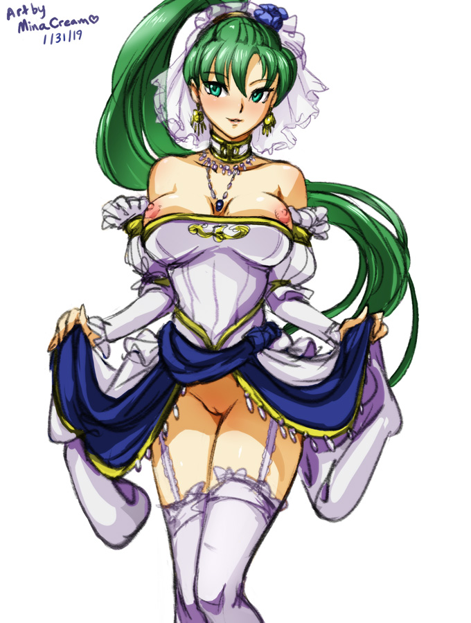 1girls, alternate costume, areolae, breasts, clothing, dress, dress lift, exposed breasts, exposed pussy, female, female only, fire emblem, fire emblem heroes, fire emblem: the blazing blade, green eyes, green hair, hair, lyn (bridal) (fire emblem), lyn (fire emblem), minacream, nintendo, nipples, official alternate costume, pussy, showgirl skirt, solo, wedding dress