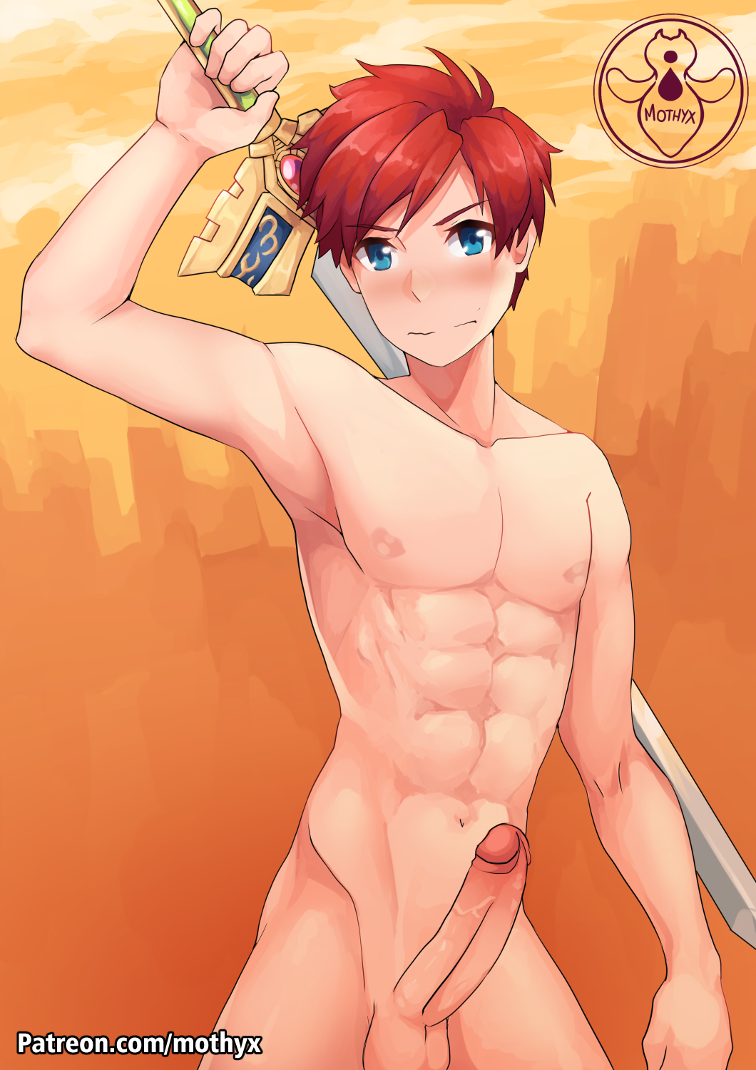 1boy, abs, balls, binding blade (object), blue eyes, erection, fire emblem, fire emblem: the binding blade, male, male only, male pov, mothyx, muscles, nipples, on bed, penis, pov, red hair, roy (fire emblem), solo, spread legs, sword, testicles, veins, veiny penis, watermark