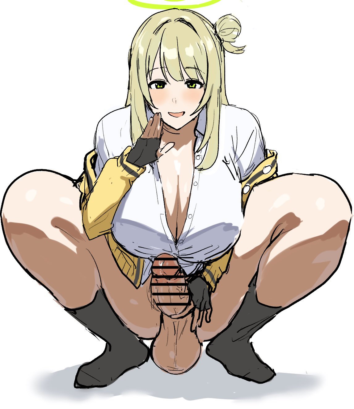 1futa, big breasts, big cock, big penis, blonde futa, blonde hair, blonde-haired futa, blue archive, bottomless, breasts, censored, cleavage, clothed, clothed futa, clothing, cock, dick girl, dickgirl, erection, exposed cock, exposed penis, female, futa only, futanari, halo, horny, horny futa, human, hung futa, intersex, large boobs, large breasts, large cock, large penis, looking at viewer, masturbation, no underwear, nonomi (blue archive), partially clothed, penis, precum, precum drip, solo, squatting, takechiyo re, wanting sex