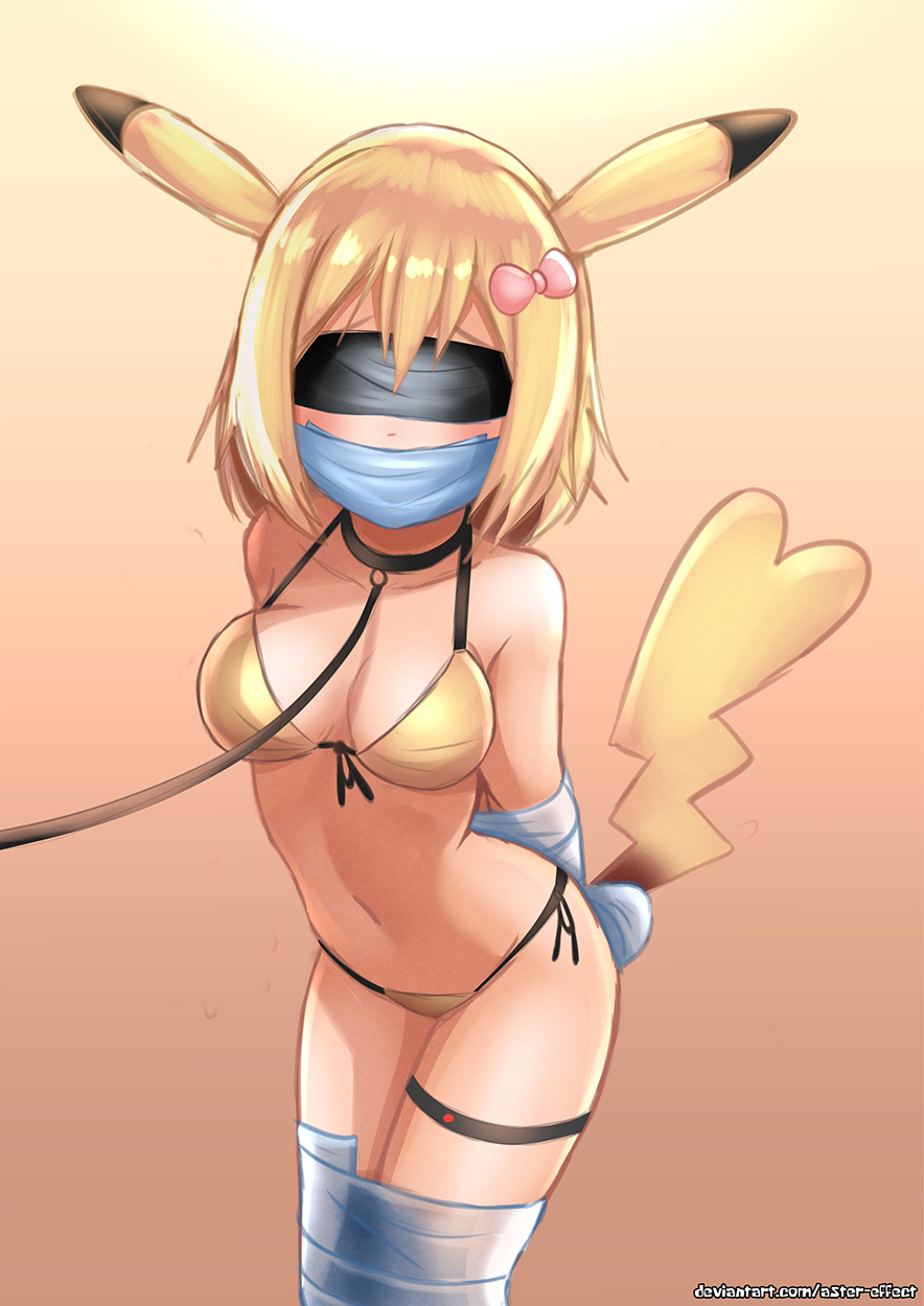 1girls ass aster-effect bikini blindfold blonde_hair bondage breasts cleavage clothed collar female female_only gag hair hair_ornament human humanized humanized_pokemon leash nintendo pikachu pokémon_(species) pokemon pokemon_rgby solo tail tape tape_gag taped_mouth text url video_games watermark wide_hips