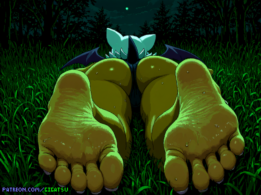 ai_generated ass ass_focus barefoot feet foot_fetish footjob forest from_behind gigatsu grass lying lying_on_stomach night outside pixel_art rouge_the_bat sole_female soles sonic_(series) toes