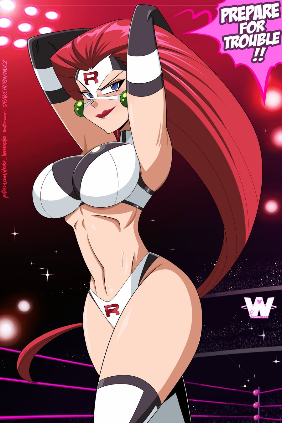 1girls, adapted costume, big hair, blue eyes, breasts, elbow gloves, female, female only, great dude, hair slicked back, jessie (pokemon), large breasts, pokemon, pokemon (anime), red hair, red lips, revealing clothes, smile, solo, solo female, standing, team rocket uniform, very long hair, wrestling, wrestling mask, wrestling outfit, wrestling ring