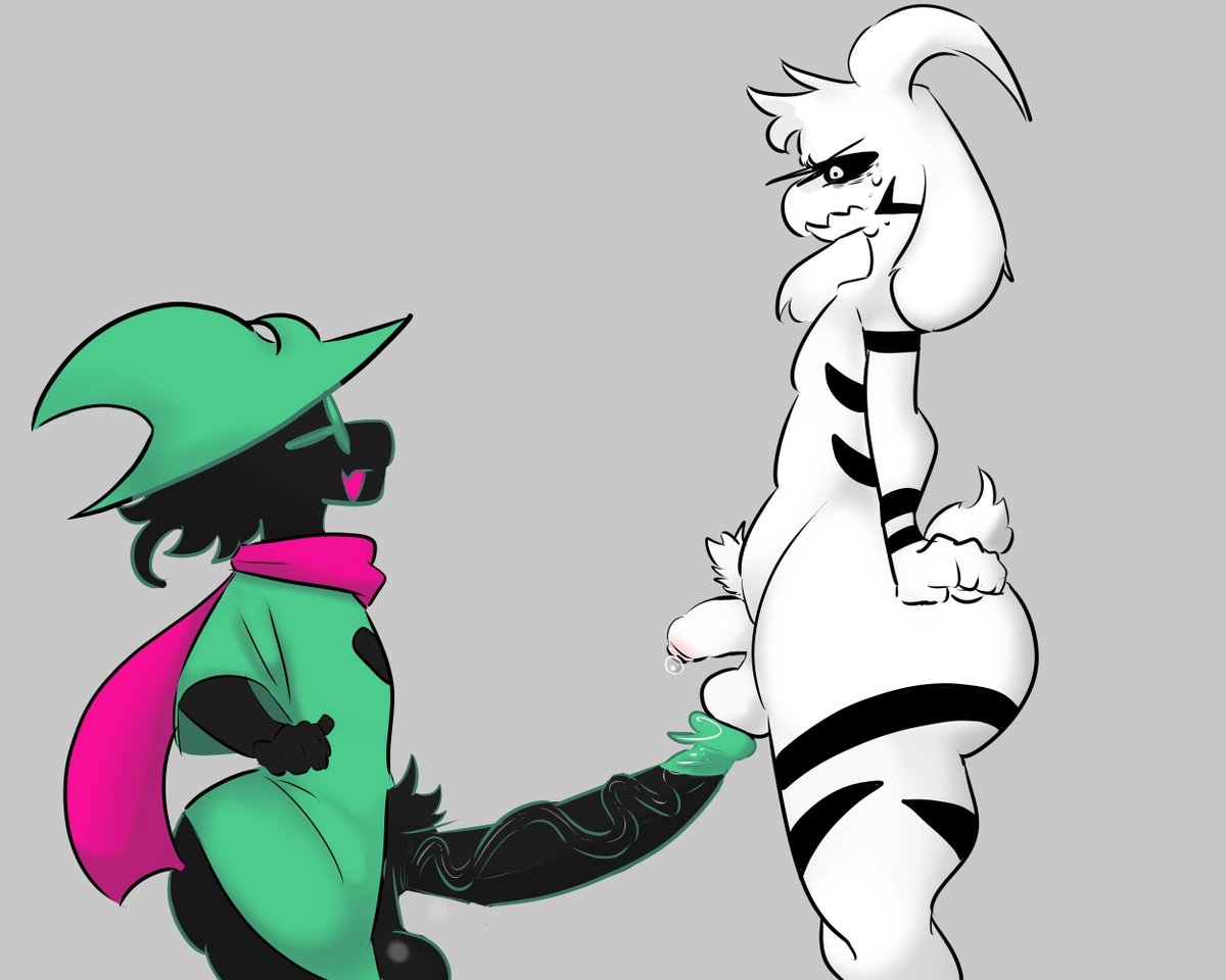 2boys, 2d, asriel dreemurr, asriel dreemurr (god form), ass, balls, big balls, big penis, black fur, black sclera, deltarune, digital media (artwork), femboy, femboy asriel, flustered, furry, gay, goat, greaseyhair, green tip, huge ass, huge cock, large ass, male, male focus, male only, penis, penis size difference, penises touching, precum, ralsei, ralsei with black fur, side view, size comparison, size difference, small but hung, small dom big sub, small penis, smaller male, smiling, undertale, white fur