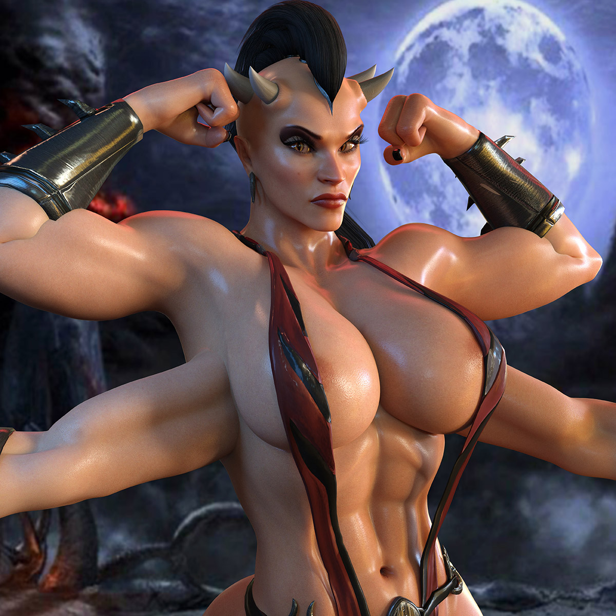 3 fingers, 3d, 4 arms, abs, areolae, areolae slip, athletic, athletic female, biceps, big breasts, black hair, bracelet, breasts, busty, earrings, female, female focus, female only, flexing, horns, hourglass figure, long hair, mohawk (hairstyle), mortal kombat, multi arm, multi limb, muscles, muscular, muscular female, nail polish, navel, nordfantasy, orange eyes, sheeva, shokan, sling bikini, tagme, wide hips