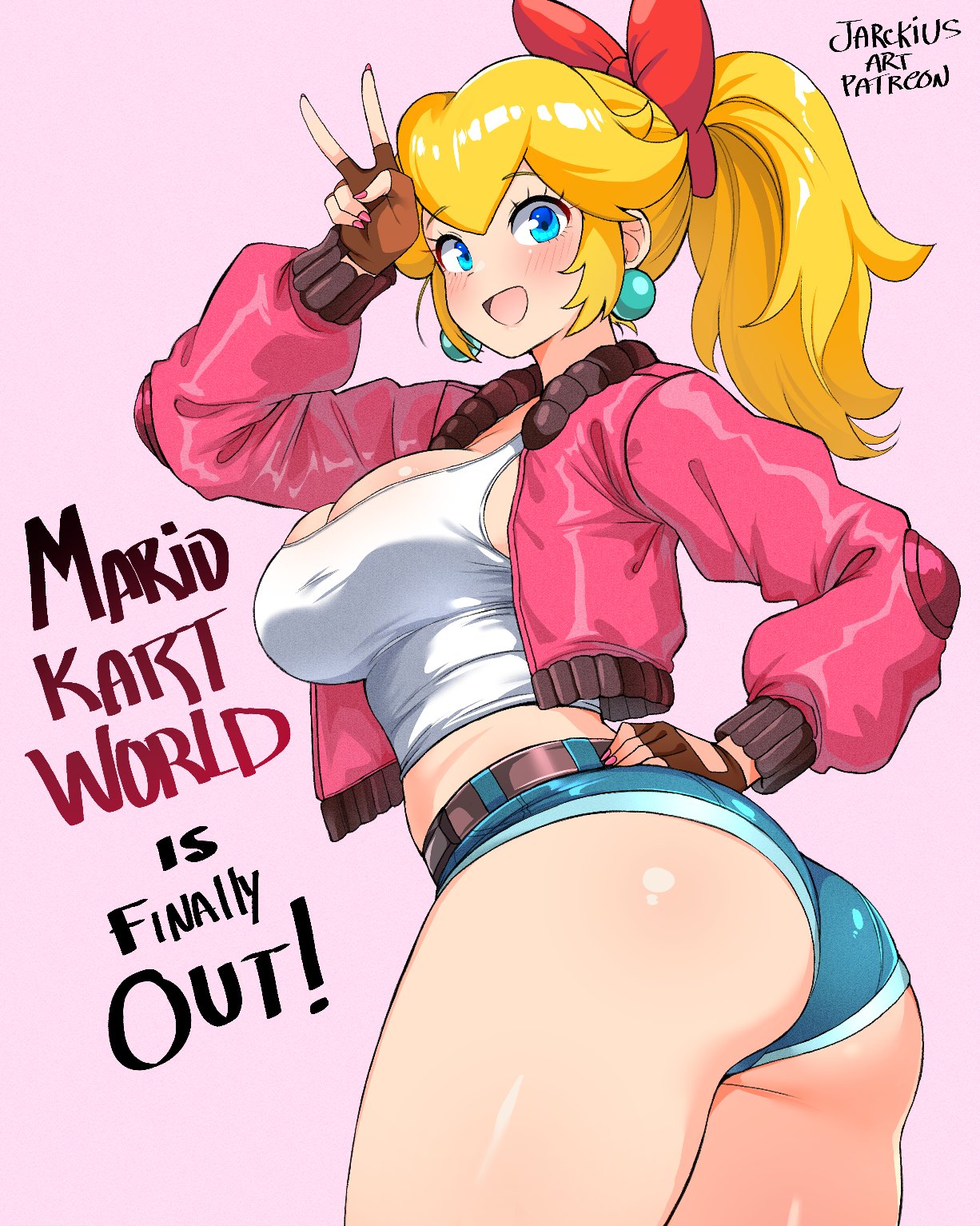 1girls, ass, ass hanging out, ass hanging out of shorts, big ass, big breasts, blonde hair, blue eyes, booty shorts, breasts, earrings, female, female only, jacket, jarckius, mario (series), mario kart, mario kart world, nintendo, official alternate costume, ponytail, princess peach, princess peach (touring), ribbon, short shorts, shorts, solo, tagme, text, thick thighs