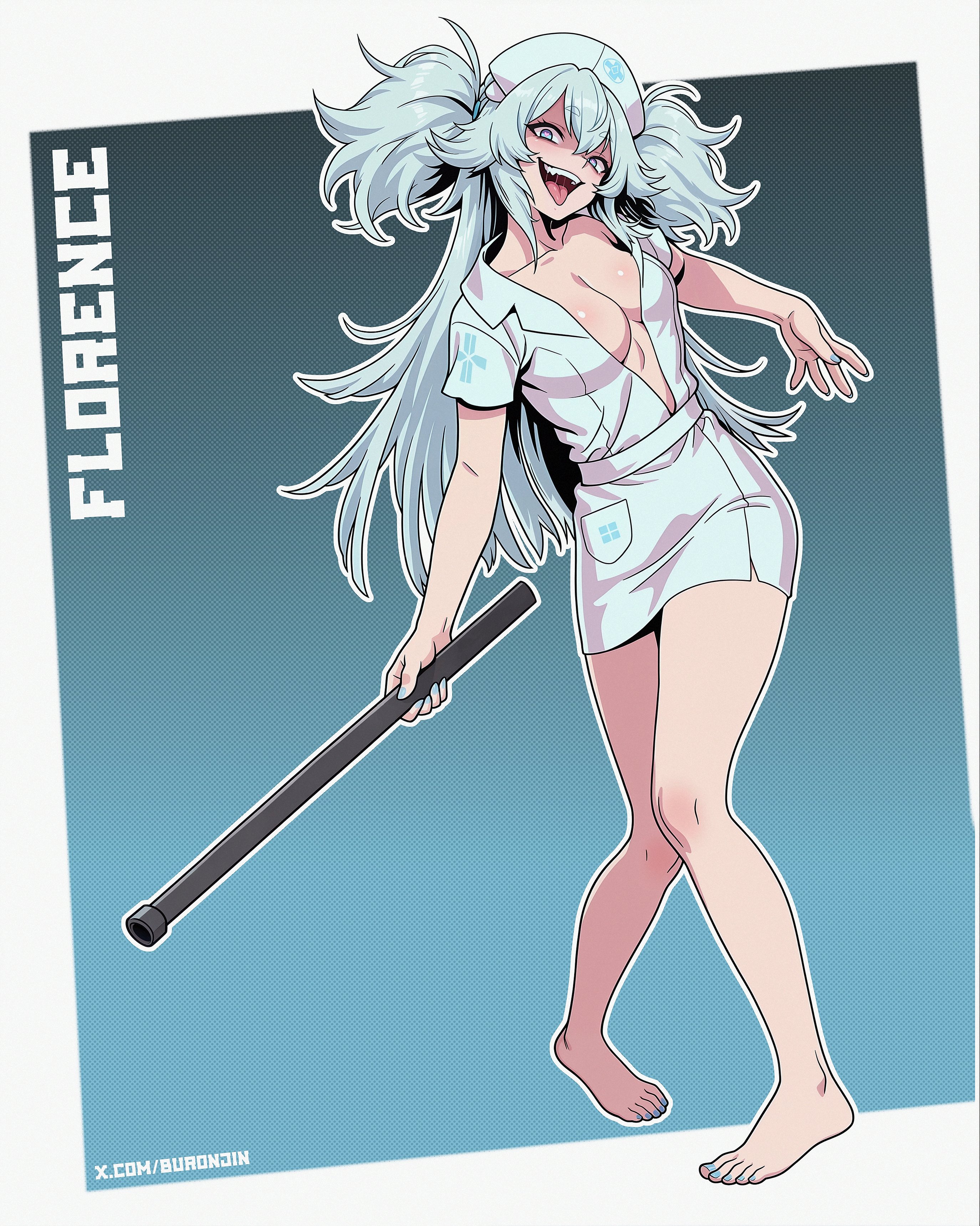 1girls, barefoot, blue eyes, blue hair, bottomless, breasts, bronzeerectile, buronjin, covering breasts, female, female only, florence (girls' frontline 2), girls' frontline, girls' frontline 2: exilium, hair ribbon, heart-shaped pupils, long hair, medium breasts, nurse, nurse cap, nurse uniform, pa-15 (girls' frontline), pinup, pipe, text, tongue, tongue out, upper teeth