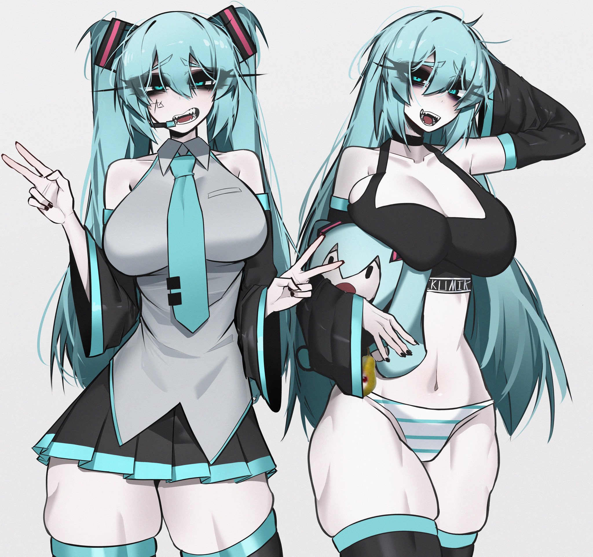 2girls, anger vein, aqua eyes, aqua hair, aqua necktie, bags under eyes, barcode, bare shoulders, black bra, black choker, black nails, black skirt, black sleeves, blue eyes, blue hair, bra, breast rest, breasts, character doll, choker, cleavage, collarbone, colored sclera, cowboy shot, detached sleeves, doll, glitchace, grey shirt, hair between eyes, hatsune miku, headset, holding, holding doll, large breasts, long hair, long lashes, looking at viewer, multiple girls, nail polish, navel, necktie, open mouth, pale skin, panties, pearto, pleated skirt, shimapan, shirt, simple background, skindentation, skirt, sleeveless, sleeveless shirt, smile, striped, striped clothing, striped panties, stripes, tattoo, teeth, thick thighs, thighhighs, thighs, topwear, twintails, underwear, v, very long hair