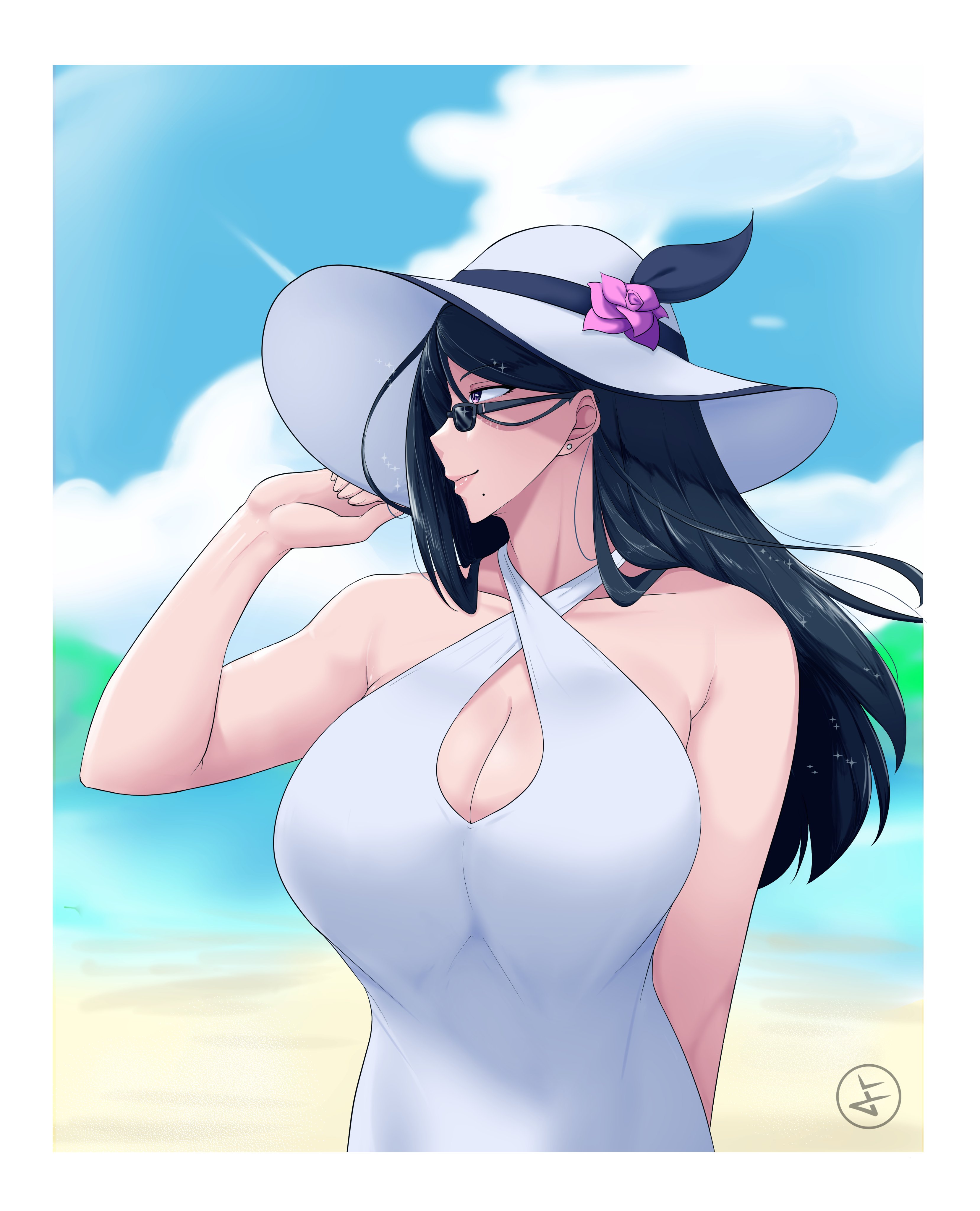 beach, beach background, beautiful, beauty mark, beauty mark under mouth, black hair, breasts, breasts bigger than head, brown hair, brunette hair, brunette-haired female, collarbone, curvy, dark hair, earrings, female, female focus, female only, happy, hat, huge breasts, light skin, light-skinned female, long hair, looking away, makeup, mana (yonda545), mole, mole under mouth, pale skin, pale-skinned female, purple eyes, shiny hair, shiny lips, smiling, sunglasses, sunglasses on face, sunhat, sunny, swimsuit, white clothing, white swimsuit, wide brimmed hat, wide-brimmed hat, yonda545