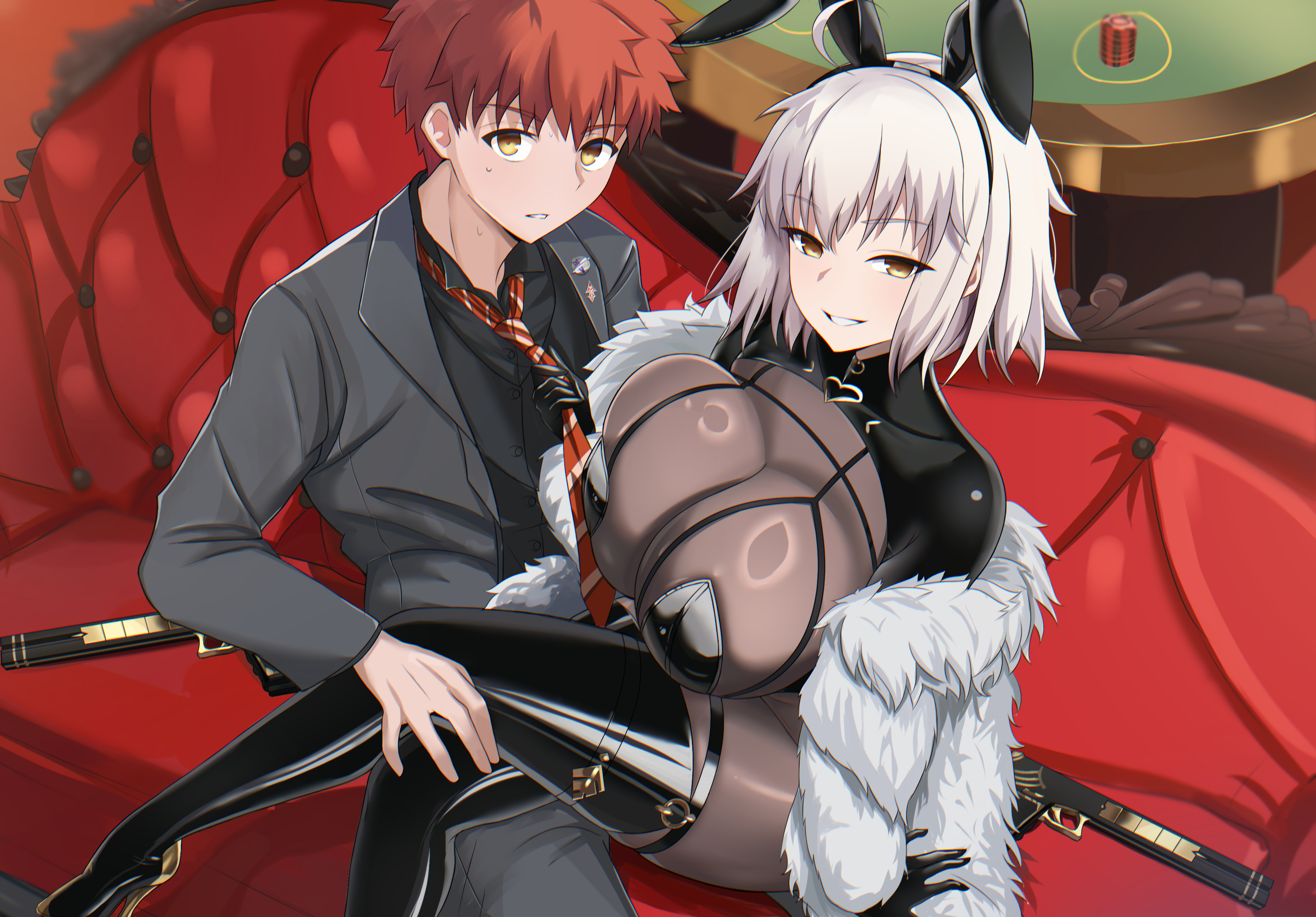 1boy, animal ear hairband, animal ears, black gloves, black shirt, breasts, casino, clothes grab, cosplay, couch, crossed legs, emiya shirou, evertale, fake animal ears, fate (series), fate/grand order, fate/stay night, female, formal clothes, fur jacket, gloves, grey hair, grey jacket, grey pants, grey suit, gun, guns, hairband, huge breasts, indoors, jacket, jeanne alter, lancelot (evertale), lancelot (evertale) (cosplay), looking at viewer, male, necktie, necktie grab, neckwear grab, nontraditional playboy bunny, official alternate costume, on couch, orange hair, pants, playboy bunny, poker chip, rabbit ear hairband, rabbit ears, red background, red necktie, shirt, shokobr, sitting, sitting on lap, sitting on person, spiked hair, suit, yellow eyes