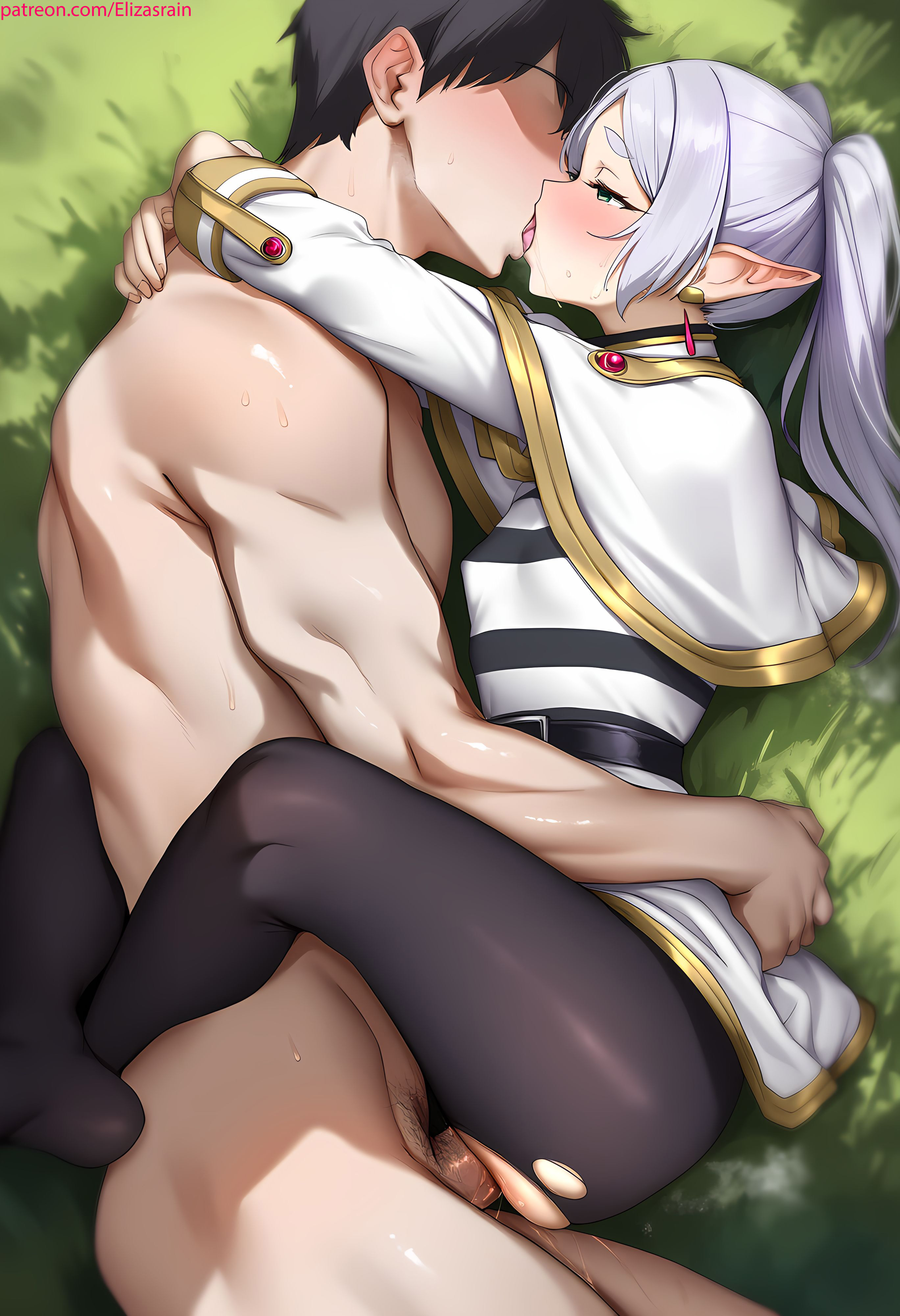 1boy, 1girls, ai generated, anal, anal sex, breasts, elf, elizasrain, female, forest, frieren, happy sex, hug, huge cock, kissing, leg lock, long ears, male, male penetrating female, missionary, on side, penis, pointy ears, pussy, sex, shiny skin, small breasts, sousou no frieren, vaginal penetration, white hair