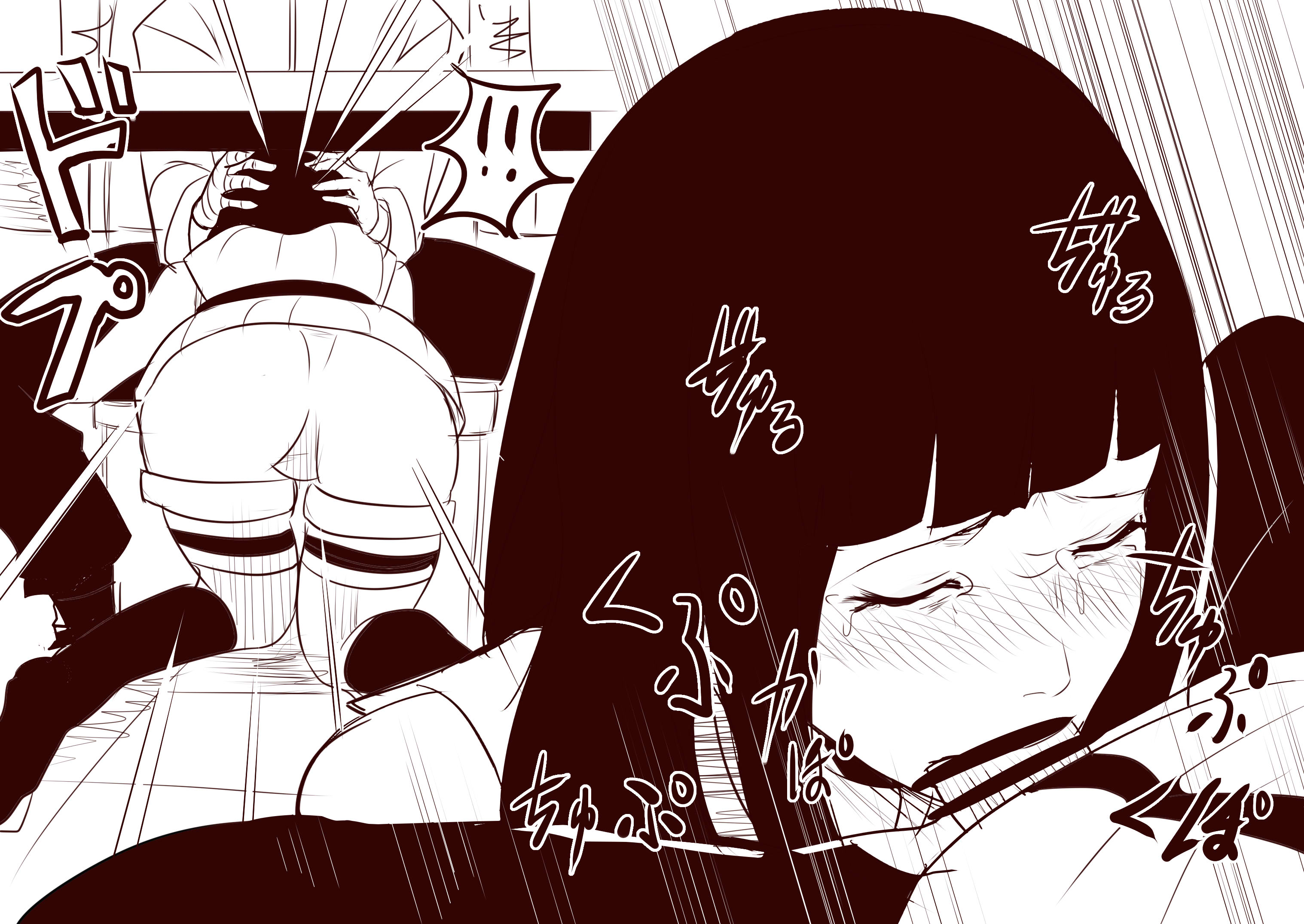 1boy, 1girls, bent over, black and white, blowjob, choking, couple, desk, fellatio, female, gagging, hyuuga hinata, hyuuga hinata (naruto: the last), male, naruto, naruto (series), naruto shippuden, on knees, saliva, tears, underneath, uzumaki naruto