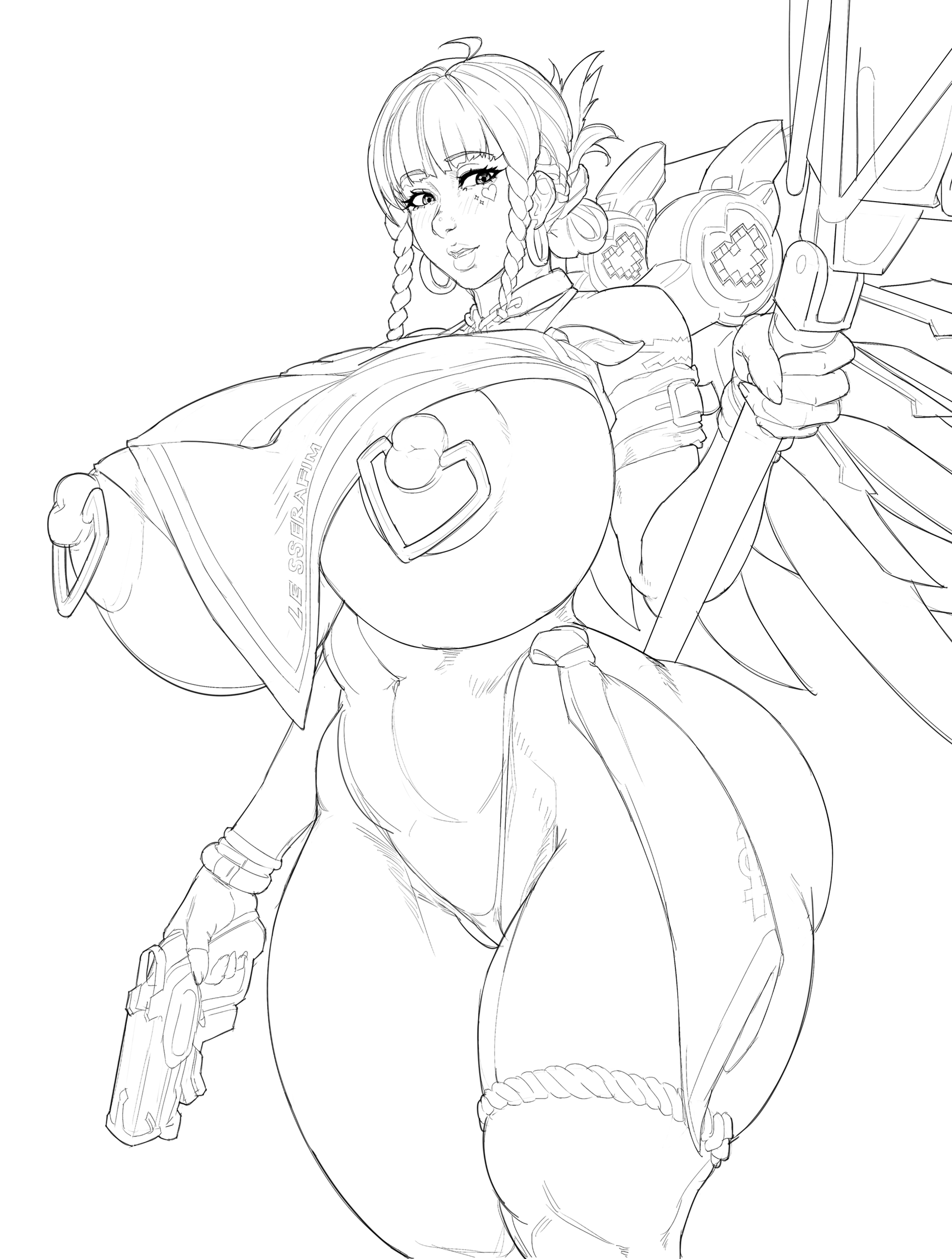 1girls, big breasts, fearless mercy, female, female focus, female only, gigantic breasts, highres, huge breasts, large breasts, le sserafim, line art, mercy, monochrome, nipple piercing, nipples, overwatch, overwatch 2, parted lips, piercing, standing, supersolenoid, tagme, thick thighs, wide hips, wings
