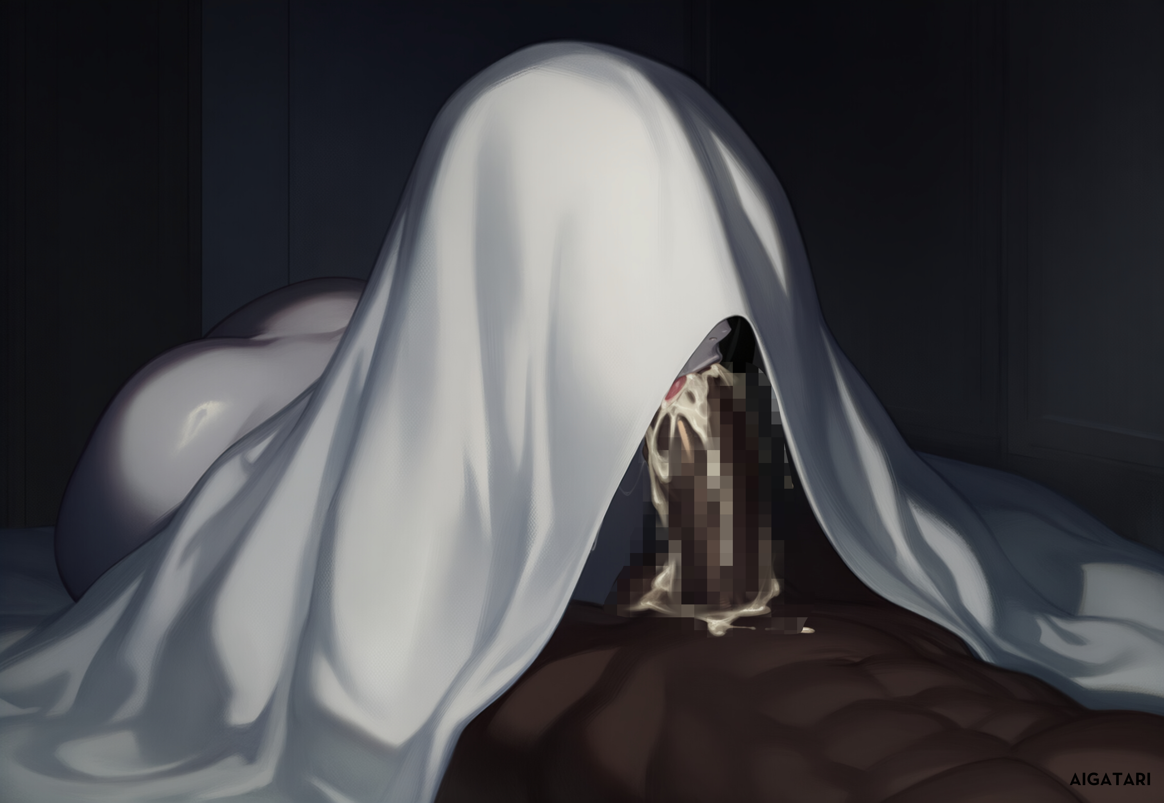 ai generated, aigatari, ass, blowjob, creepy, cum, cum in mouth, curvy, dark skin, dark-skinned male, fellatio, female, ghost girl, horror, huge ass, interracial, male, monogatari (series), oral, oshino ougi, pale skin, under blanket, very dark skin