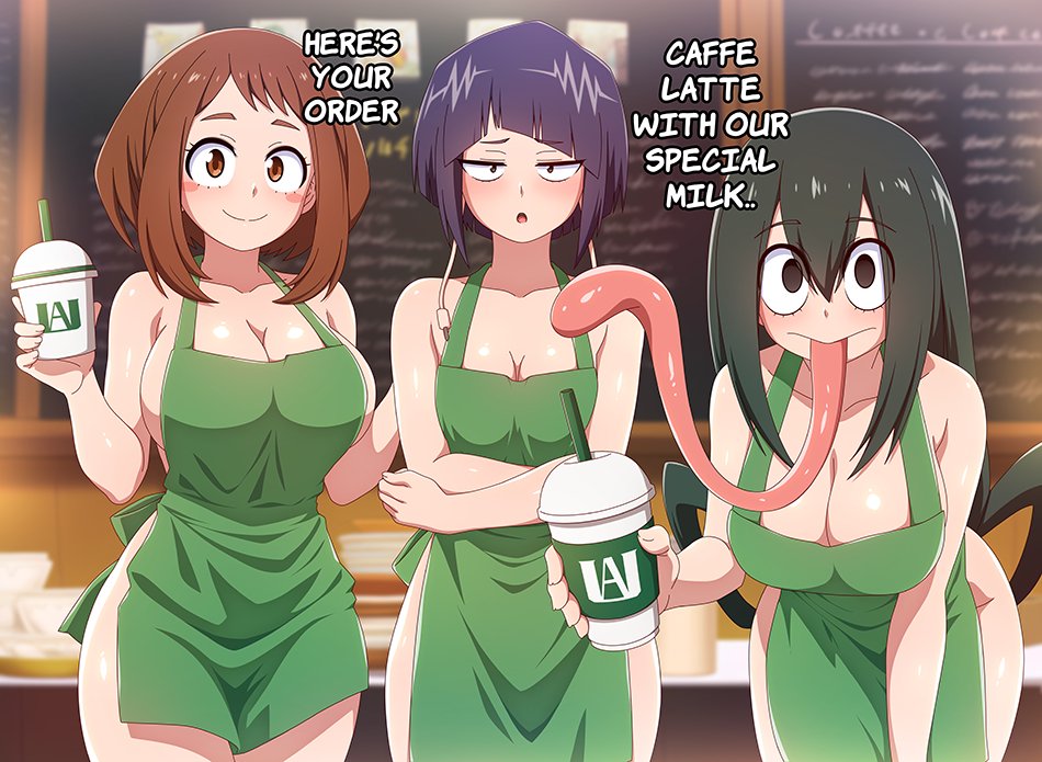 3girls, apron, black eyes, blue-senpai, blurry, blurry background, blush, blush stickers, boku no hero academia, breasts, brown hair, brown-haired female, cafe, cleavage, cup, female, female only, green hair, green-haired female, hair rings, iced latte with breast milk, kyoka jiro, large breasts, leaning forward, light skin, light-skinned female, long hair, long tongue, looking at viewer, meme, multiple females, multiple girls, my hero academia, naked apron, ochako uraraka, purple hair, purple-haired female, sidelocks, standing, starbucks, teenage girl, tongue, tongue out, tsuyu asui