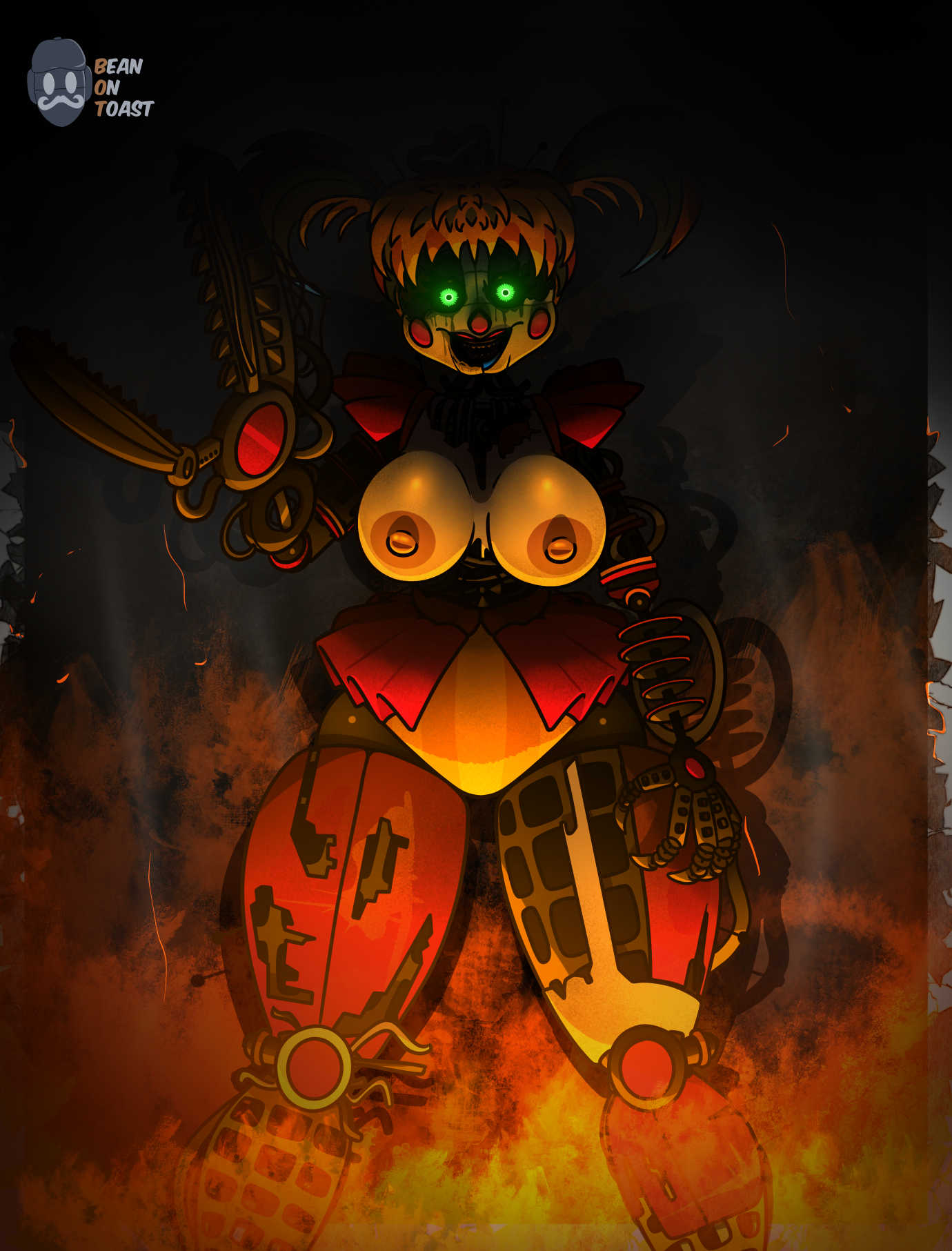 2025, 2d, 2d (artwork), 2d artwork, animatronic, animatronic female, artist logo, artist name, beanontoast, big breasts, breasts, creepy, endoskeleton, female, fire, five nights at freddy's, freddy fazbear's pizzeria simulator, glowing eyes, murderous intent, robot, robot girl, robot joints, scrap baby, scrap baby (fnaf), solo, thick thighs