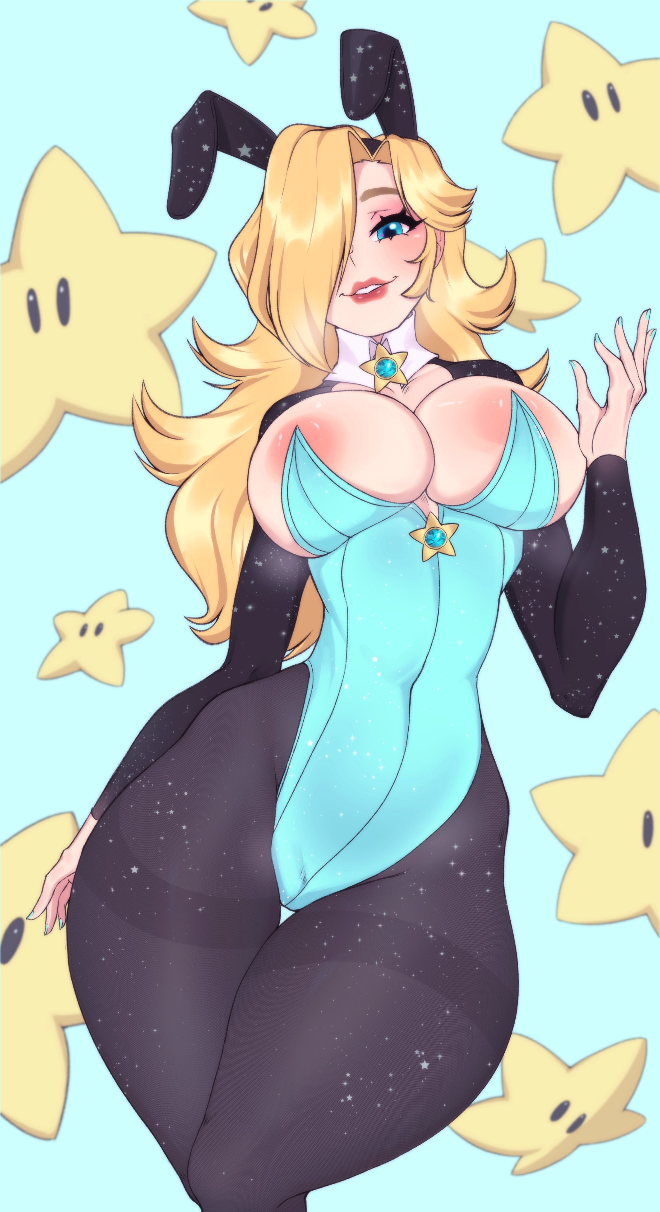 1girls, alternate breast size, big breasts, blonde hair, blue eyes, blush, breasts, bunny ears, bunnysuit, female, hair over one eye, huge breasts, long hair, looking at viewer, luma, mario (series), nipples, pantyhose, pov, princess rosalina, senhorita nance, simple background, smiling, smiling at viewer, stars, super mario galaxy, tagme, thick legs, thick thighs, wide hips