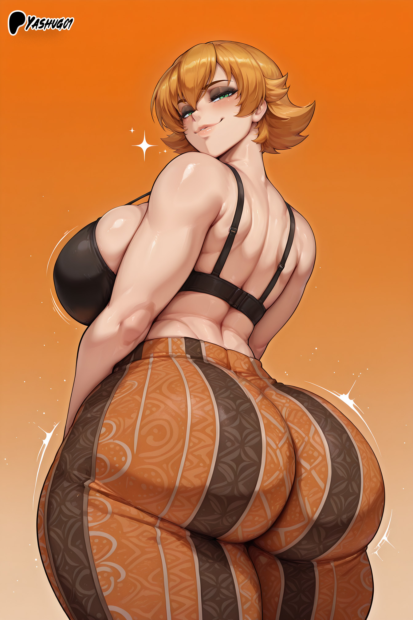 1girls, ai generated, ass, ass focus, back view, backboob, bare thighs, big ass, big butt, bra, breasts, fat ass, female, female only, flare pants, forbidden pants, gigantic ass, green eyes, huge ass, huge bra, huge breasts, huge thighs, igawa sakura, light skin, light-skinned female, looking back, massive ass, massive breasts, orange hair, short hair, smiling, solo, solo female, squatting, sweat, sweatdrop, taimanin (series), taimanin asagi, taimanin asagi battle arena, thick body, thick female, thick thighs, thighs, voluptuous, voluptuous female, yashugai