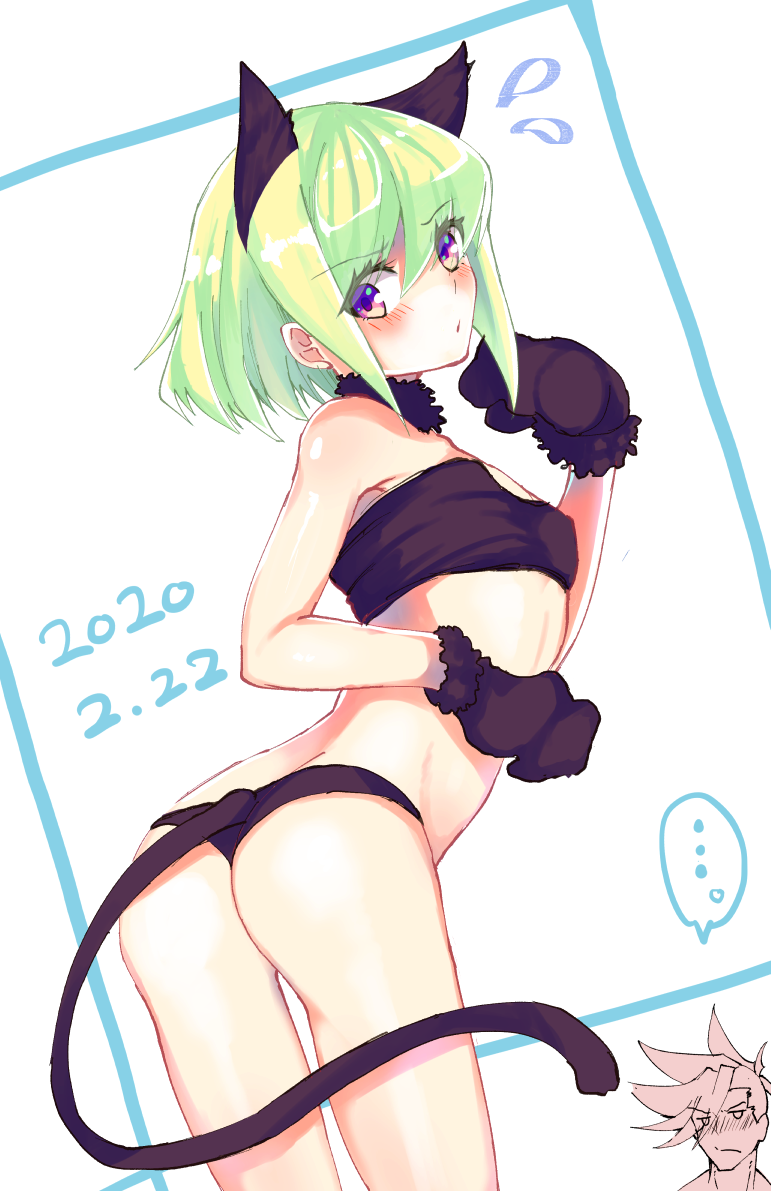androgynous, cat bikini, cat ears, cat pose, cat tail, femboy, galo thymos, lio fotia, male, promare, twink