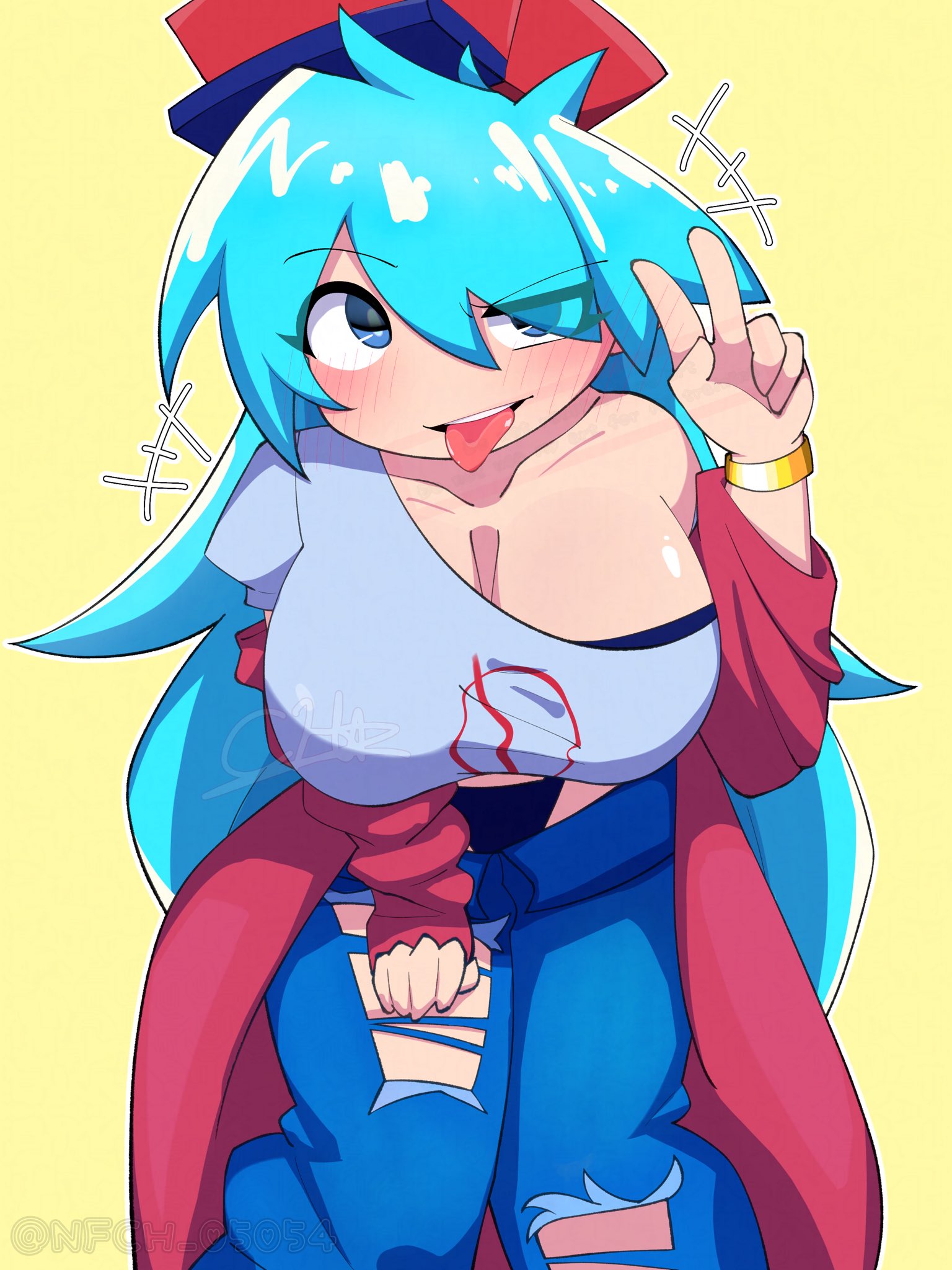 1girls, blue eyes, blue hair, blush, blushing, boyfriend (friday night funkin), breasts, female, female boyfriend (friday night funkin), friday night funkin, genderswap, genderswap (mtf), jacket, long hair, nfch 05054, rule 63, solo, thick thighs, tongue, tongue out, v pose, yellow background