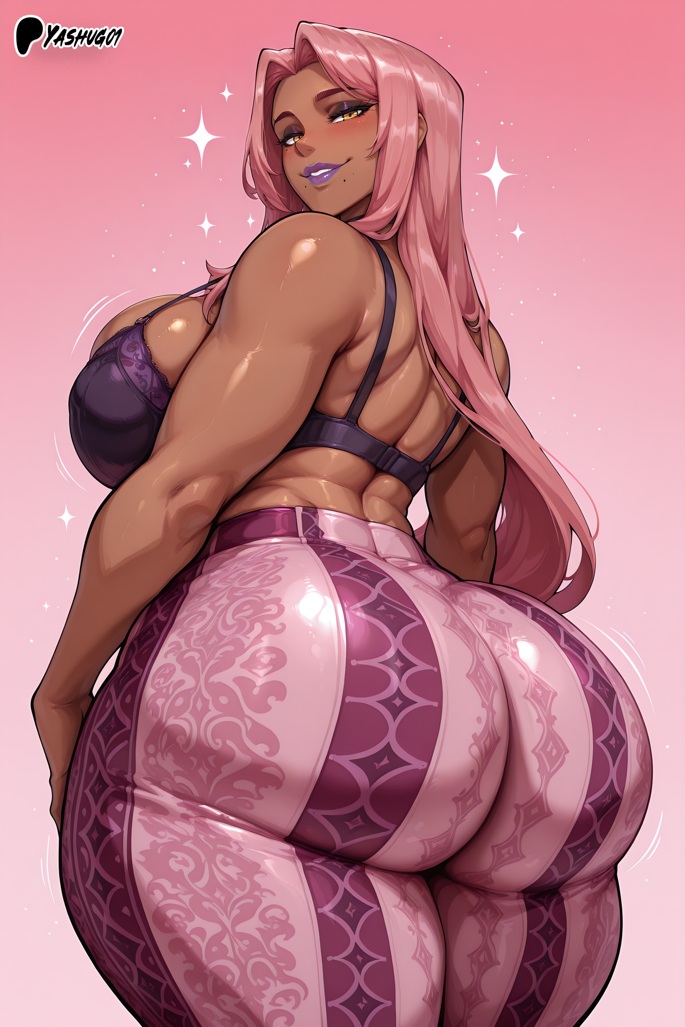 ai generated, ass, back view, backboob, bare thighs, big ass, big butt, bra, breasts, bubble ass, bubble butt, dark skin, dark-skinned female, fat ass, female, flare pants, forbidden pants, gigantic ass, gigantic breasts, huge bra, huge breasts, huge thighs, ingrid (taimanin asagi), long hair, looking back, massive ass, massive breasts, pink hair, smiling, solo female, squatting, sweat, sweatdrop, taimanin (series), taimanin asagi, taimanin asagi battle arena, thick body, thick female, thick thighs, thighs, voluptuous, voluptuous female, yashugai, yellow eyes