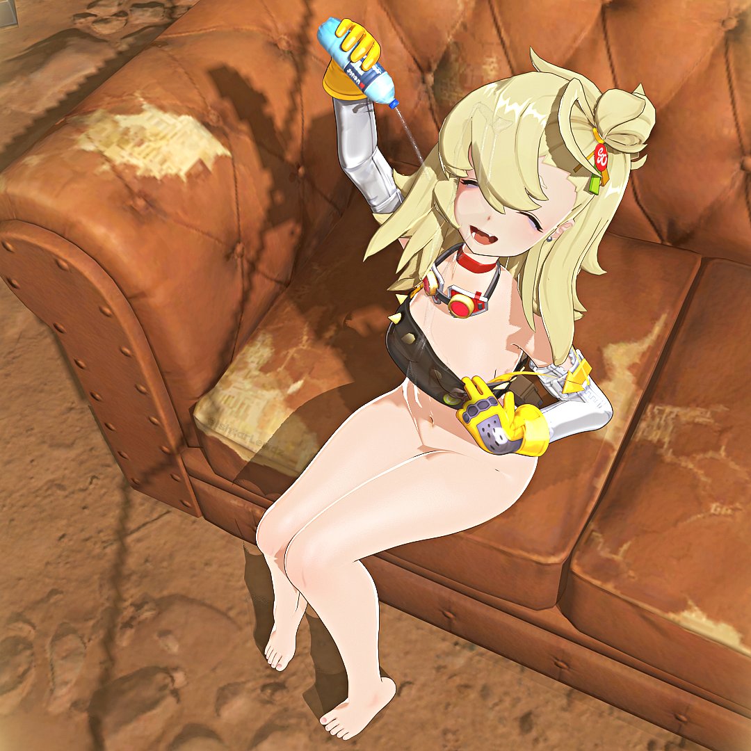 3d, 3d (artwork), 3d model, 3d render, arm up, armwear, belly button, black top, black topwear, blonde female, blonde hair, blonde-haired female, blush, blushing female, bottomless, bottomless female, breasts, brown couch, choker, closed eyes, couch, couch sitting, feet, female, glove, gloved, gloved hands, gloves, goggles, goggles around neck, hair bun, hair ornament, hidden pussy, hoyoverse, ishtarlewdz, lifting arm, long hair, oerba yun fang, open mouth, open smile, outdoor nudity, outdoors, outside, piper wheel, pouring, pouring liquid, pouring on breasts, pouring on self, pouring onto self, pouring water, pulling, pulling on clothes, pussy, red choker, see-through, see-through clothing, see-through top, sitting on couch, small breasts, sons of calydon, thighs, top only, topwear, tugging, tugging clothes, tugging clothing, water, water bottle, wet, wet body, wet clothes, wet clothing, wet hair, white armwear, yellow gloves, zenless zone zero
