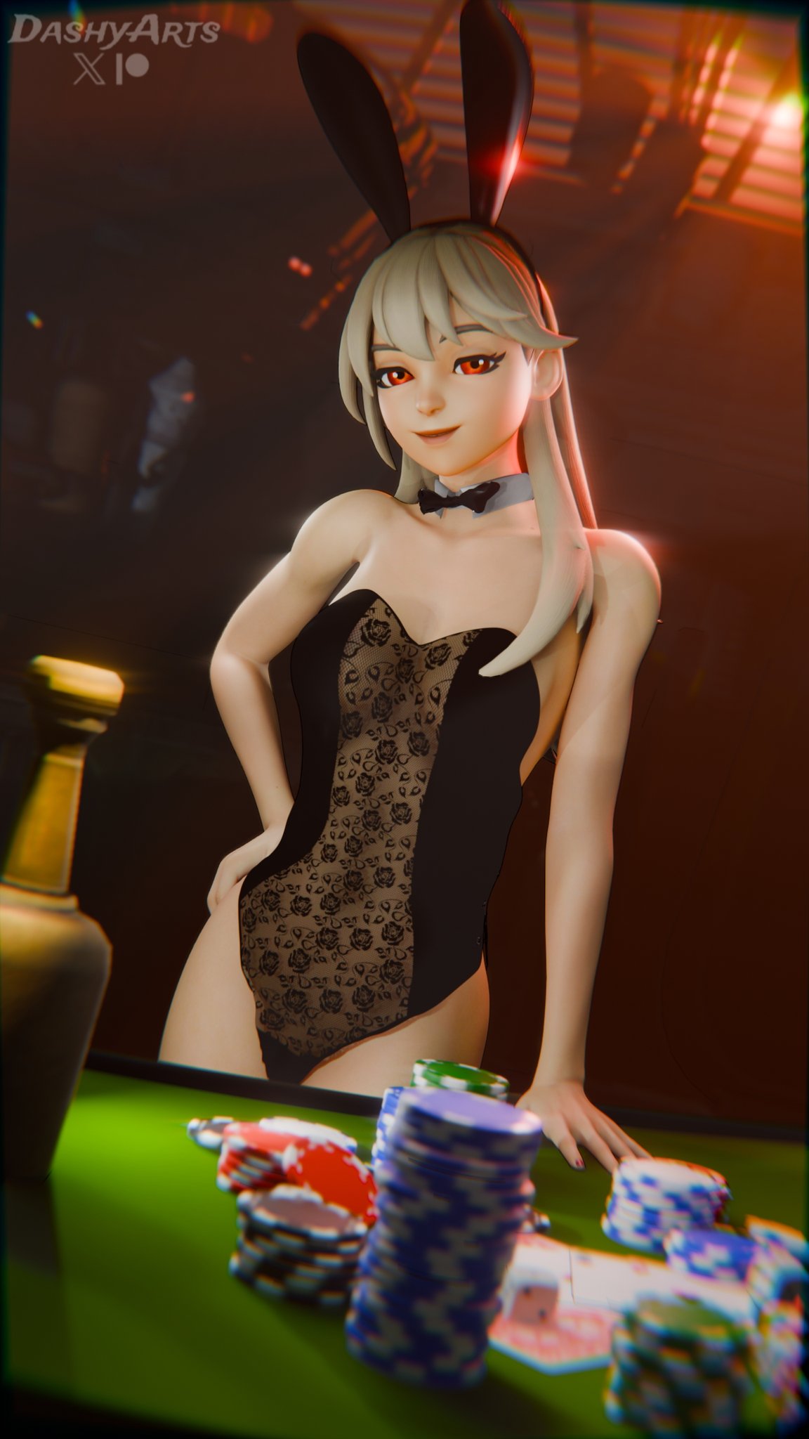 1girls, 3d, blonde hair, bunny ears, bunnysuit, casino, collar, dashyarts, female, fortnite, lexa (fortnite), lexa hexbringer (fortnite), light skin, light-skinned female, looking at viewer, red eyes, solo, tagme