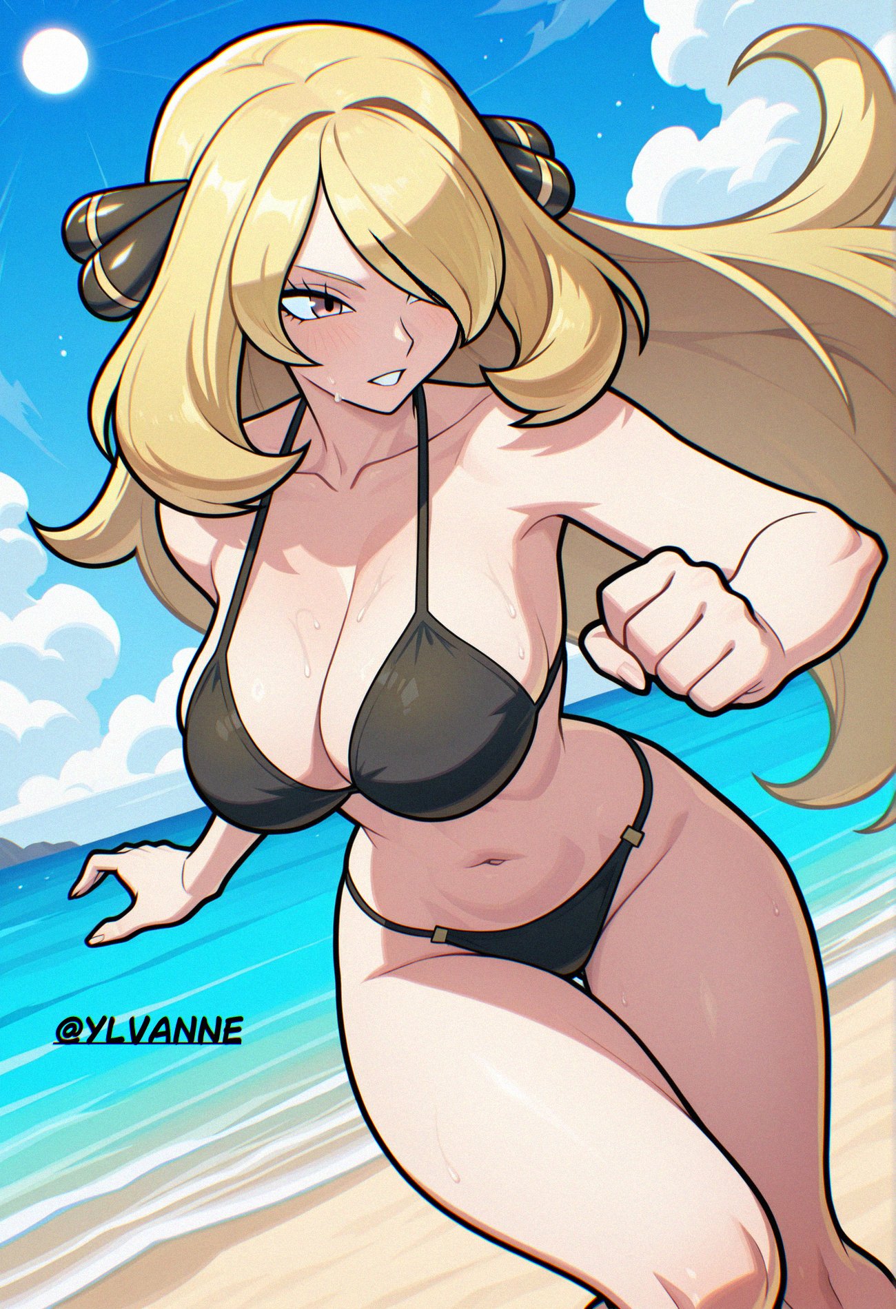 1girls, ai generated, beach, black bra, black panties, blonde hair, bra, breasts, cynthia (pokemon), female, female only, hair ornament, hair over one eye, highres, large breasts, long hair, nintendo, ocean, panties, pokemon, pokemon dppt, smile, solo, sun, sweat, thighs, twitter username, underwear, very long hair, ylvanne