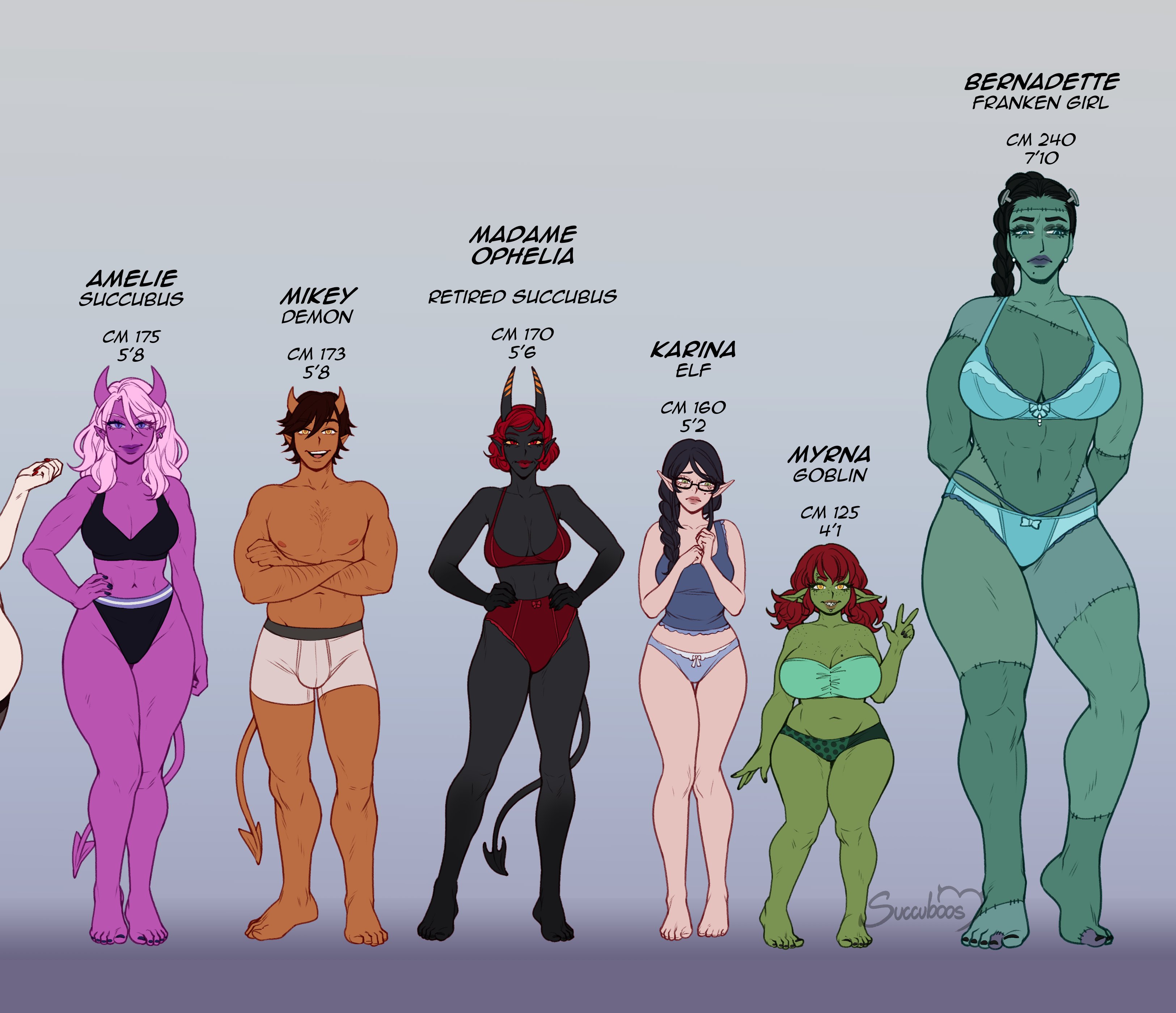 amelie (succuboos), bernadette (succuboos), charlotte (succuboos), demon, demon boy, elf, elf female, female, frankenstein (species), frankenstein's monster, goblin, goblin female, karina (succuboos), male, multiple boys, multiple females, multiple girls, multiple males, myrna (succuboos), original, original character, red skin, succuboos, succubus, tagme