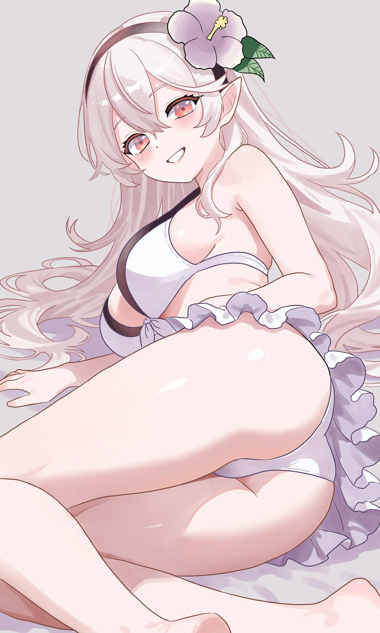 1girls, bikini, black hairband, blush, breasts, cleavage, corrin (fire emblem), corrin (fire emblem) (female), female, female focus, female only, fire emblem, fire emblem fates, fire emblem heroes, flower, frilled skirt, front-tie bikini, grey hair, hair between eyes, hair flower, hair ornament, hairband, large breasts, long hair, looking at viewer, midriff, n 54, official alternate costume, pointy ears, red eyes, smile, solo, swimsuit, thighs, white bikini, white hair