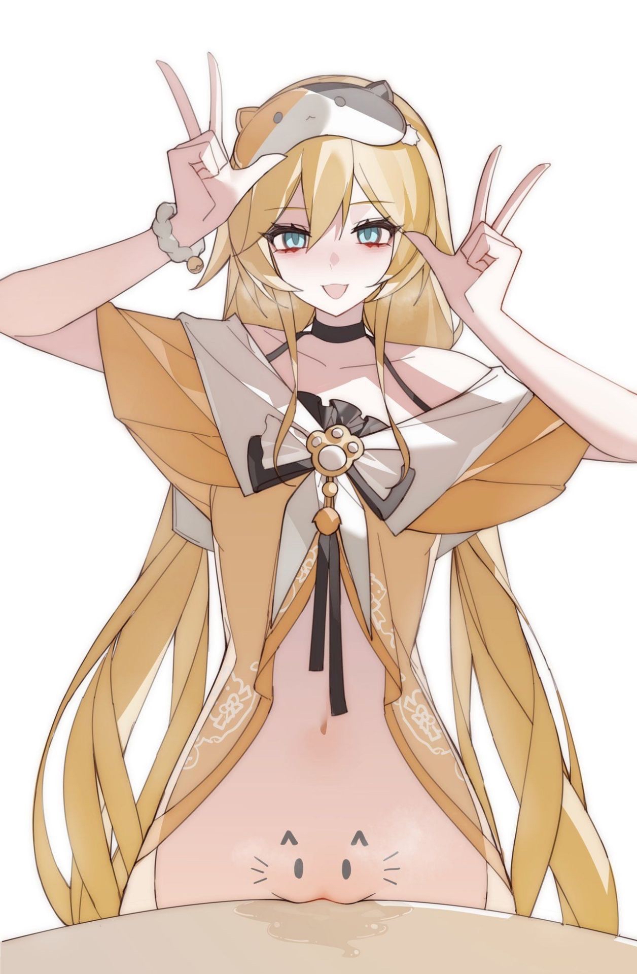 :3, blonde hair, blue eyes, do you want to pet my cat (meme), female, leaking pussy, long hair, masturbation, michele (strinova), open mouth, partially clothed, peace sign, pubic tattoo, pussy, pussy juice, pussy juice drip, strinova, table, table humping, tagme (artist), tattoo, tattoo on belly