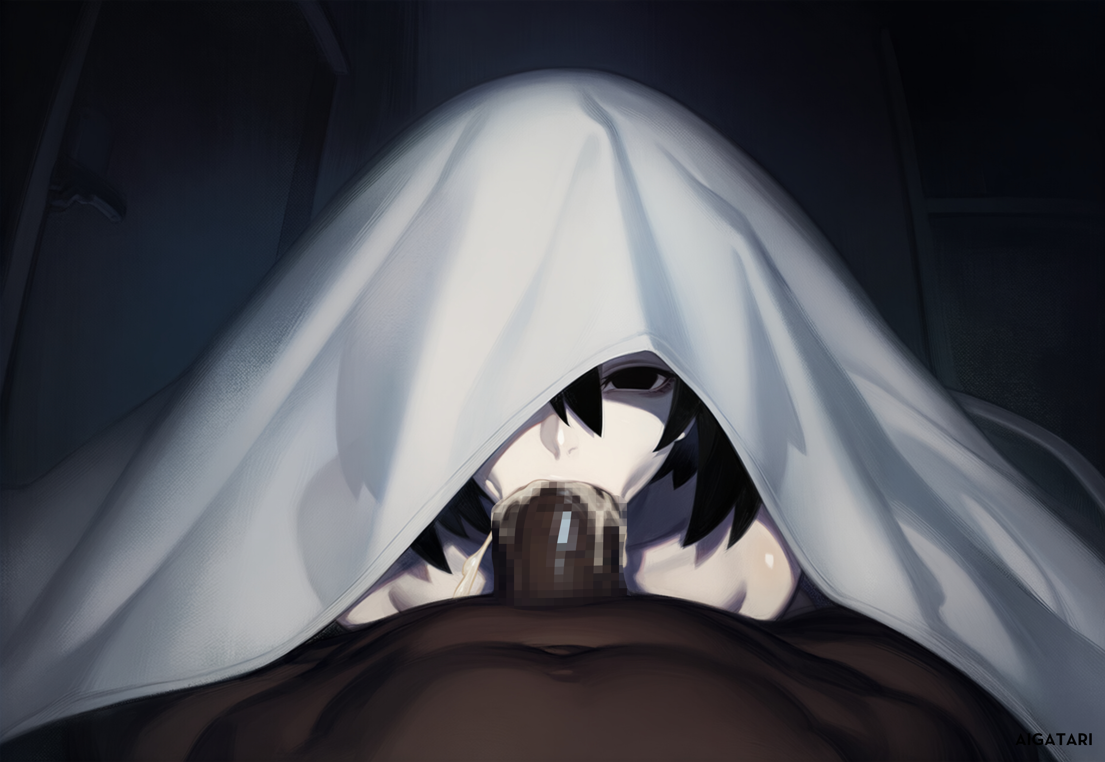 ai generated, aigatari, ass, blowjob, creepy, cum, cum in mouth, curvy, dark skin, dark-skinned male, deepthroat, fellatio, female, ghost girl, horror, huge ass, interracial, male, monogatari (series), oral, oshino ougi, pale skin, under blanket, very dark skin