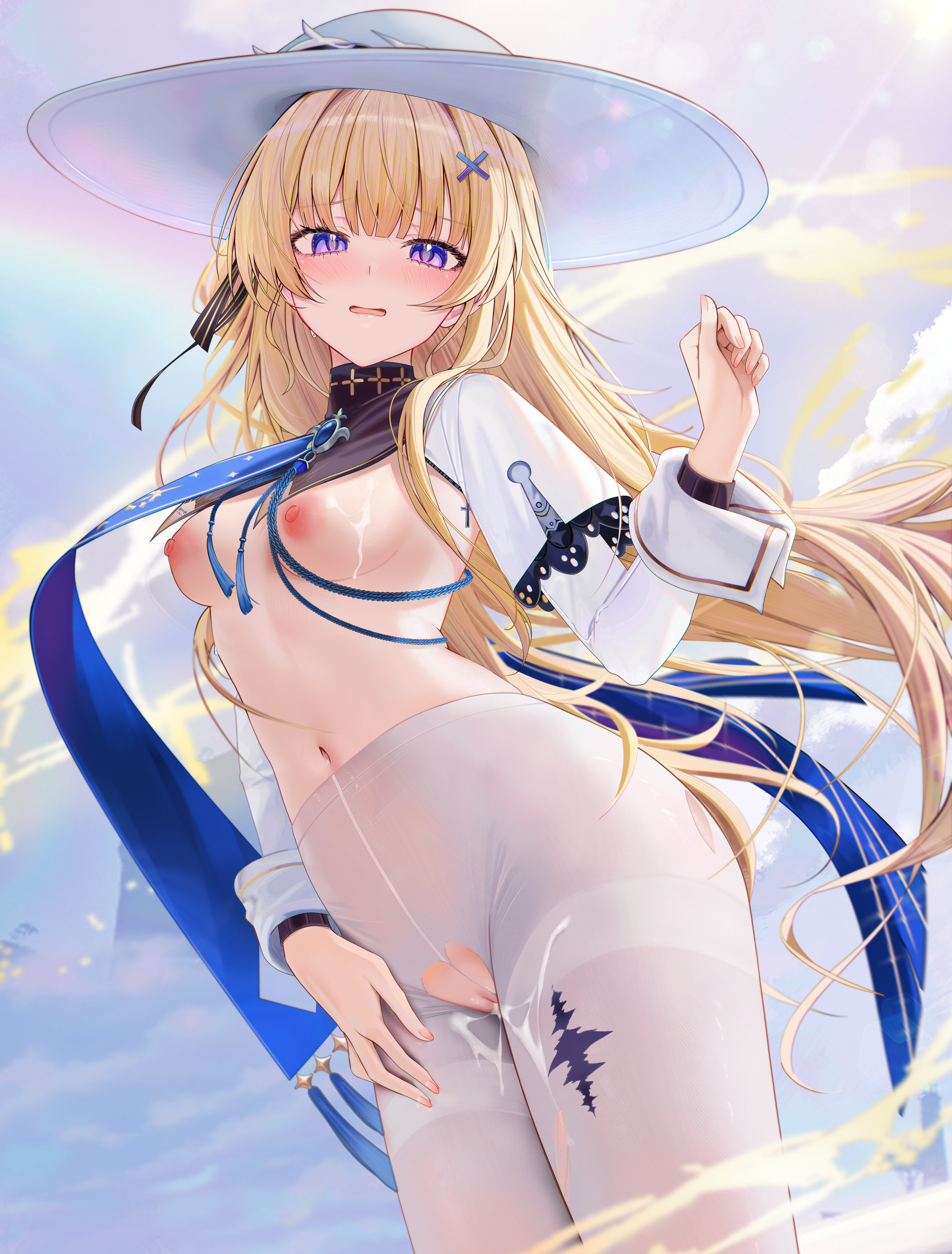 1girls, 2d, blonde hair, blush, breasts, breasts out, cum, eyes, female, female only, hair, hat, lips, medium breasts, nipples, nude, outdoor, outdoors, outside, pantyhose, phoebe (wuthering waves), purple eyes, ripped pantyhose, ru zhai, solo female, standing, torn pantyhose, white hat, white pantyhose, wuthering waves