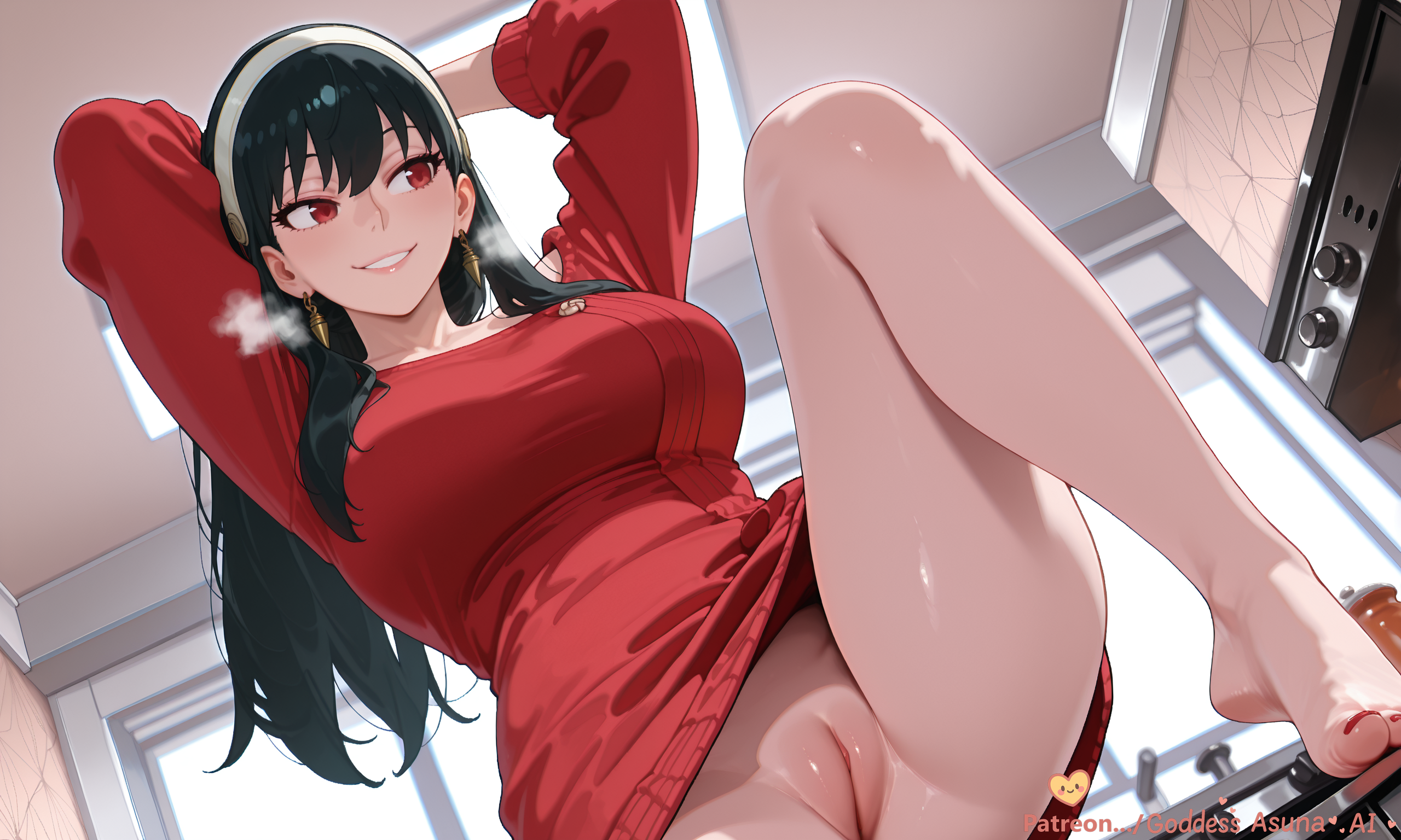 ai generated, arms behind head, arms up, bangs, barefoot, black hair, breasts, dress, earrings, feet, female, goddessasunaai, gold earrings, grin, hairband, heavy breathing, jewelry, large breasts, long hair, nail polish, no panties, parted lips, pussy, red eyes, red sweater, smile, solo, spy x family, sweater, thighs, toenail polish, toenails, toes, yor forger