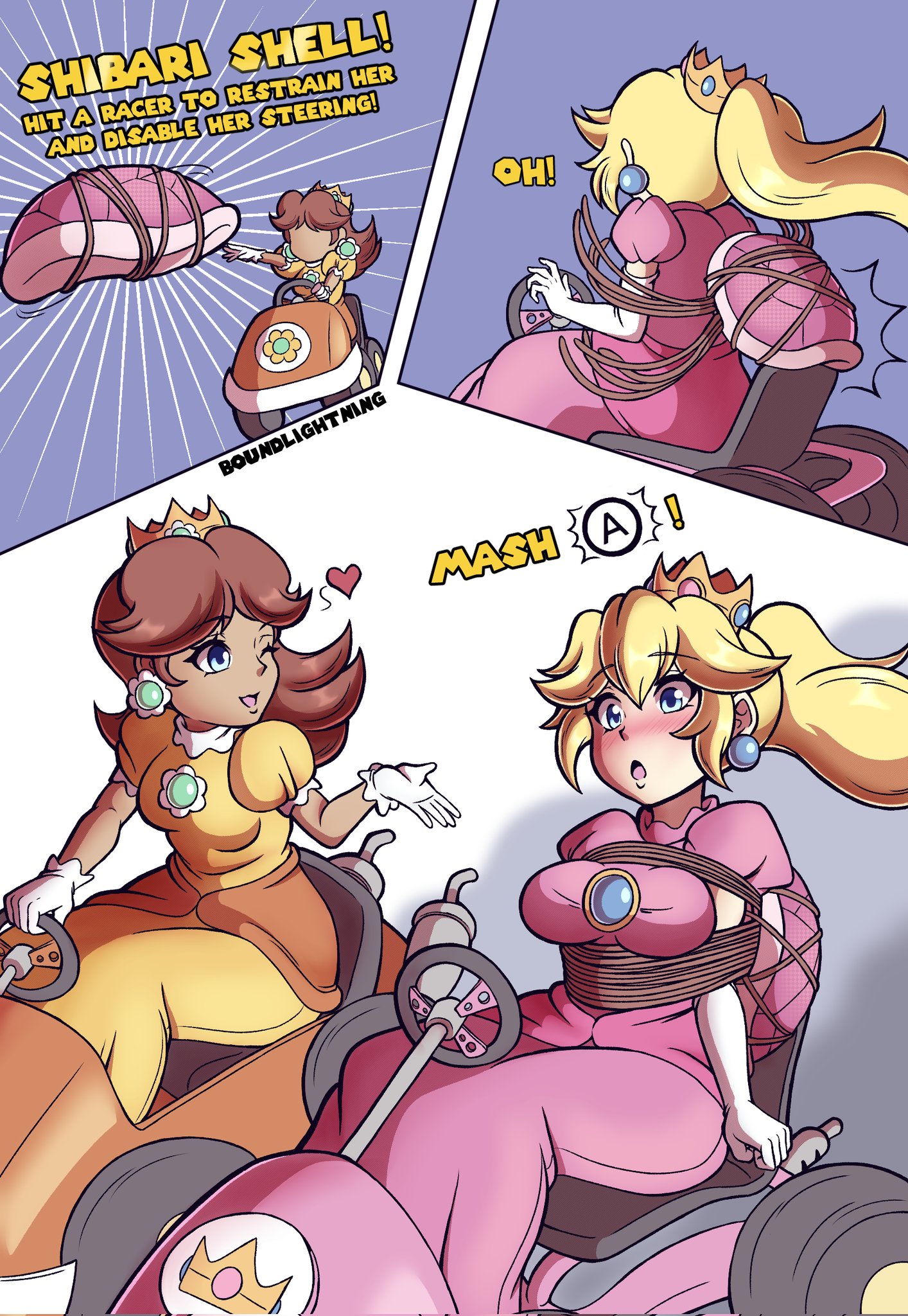 2girls, 3koma, blonde hair, blue earrings, blue eyes, blush, bondage, bound, boundlightning, brown hair, captured, car, comic, earrings, female, flower earrings, game mechanics, kart, mario (series), mario kart, nintendo, ponytail, princess daisy, princess peach, restrained, rope bondage, text, tied, tied up