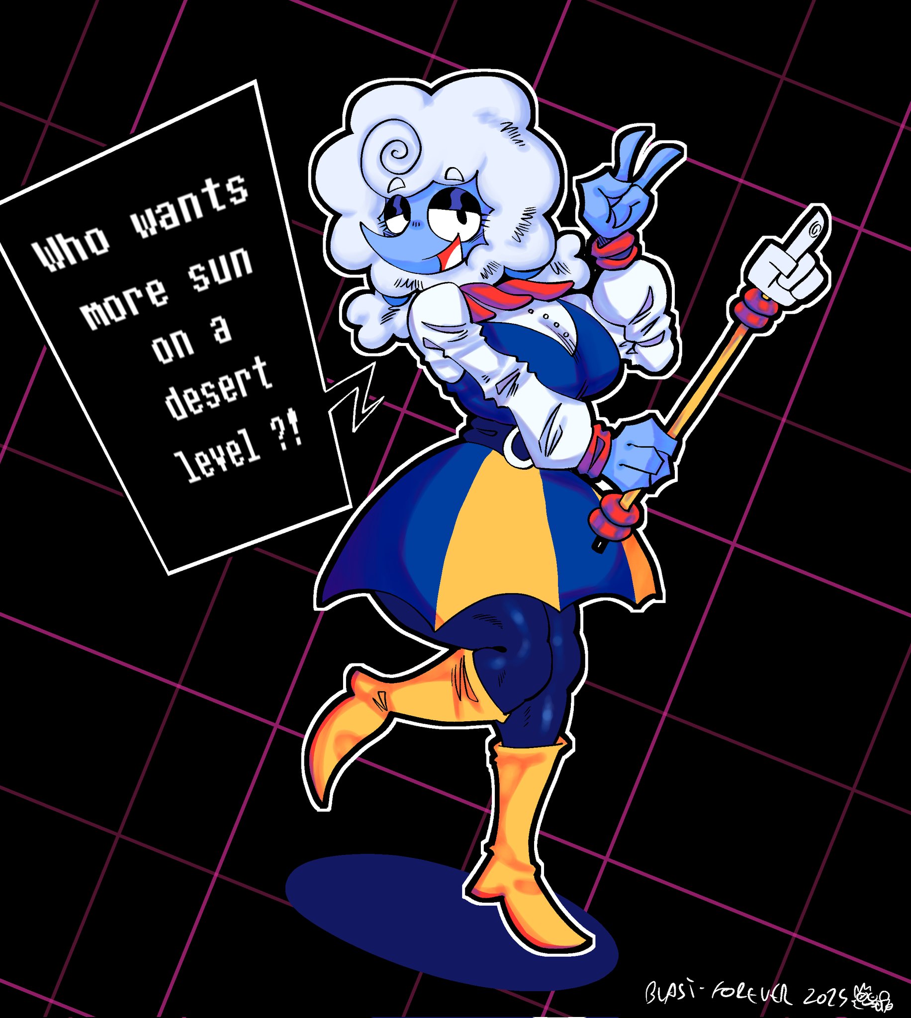 abstract background, bedroom eyes, big breasts, blue clothing, blue outfit, blue skinned female, boots, breasts, busty female, clothed, cloud, deltarune, deltarune chapter 3, dialogue, dialogue box, dressed, elnina (deltarune), female, female only, fluffy hair, fully clothed, gesture, legwear, long nose, looking at viewer, one leg up, peace sign, posing, posing for the viewer, sheep, smiling at viewer, solo, thick thighs, thunder thighs, undertale (series), v sign, white clothing, white hair, yanisp5