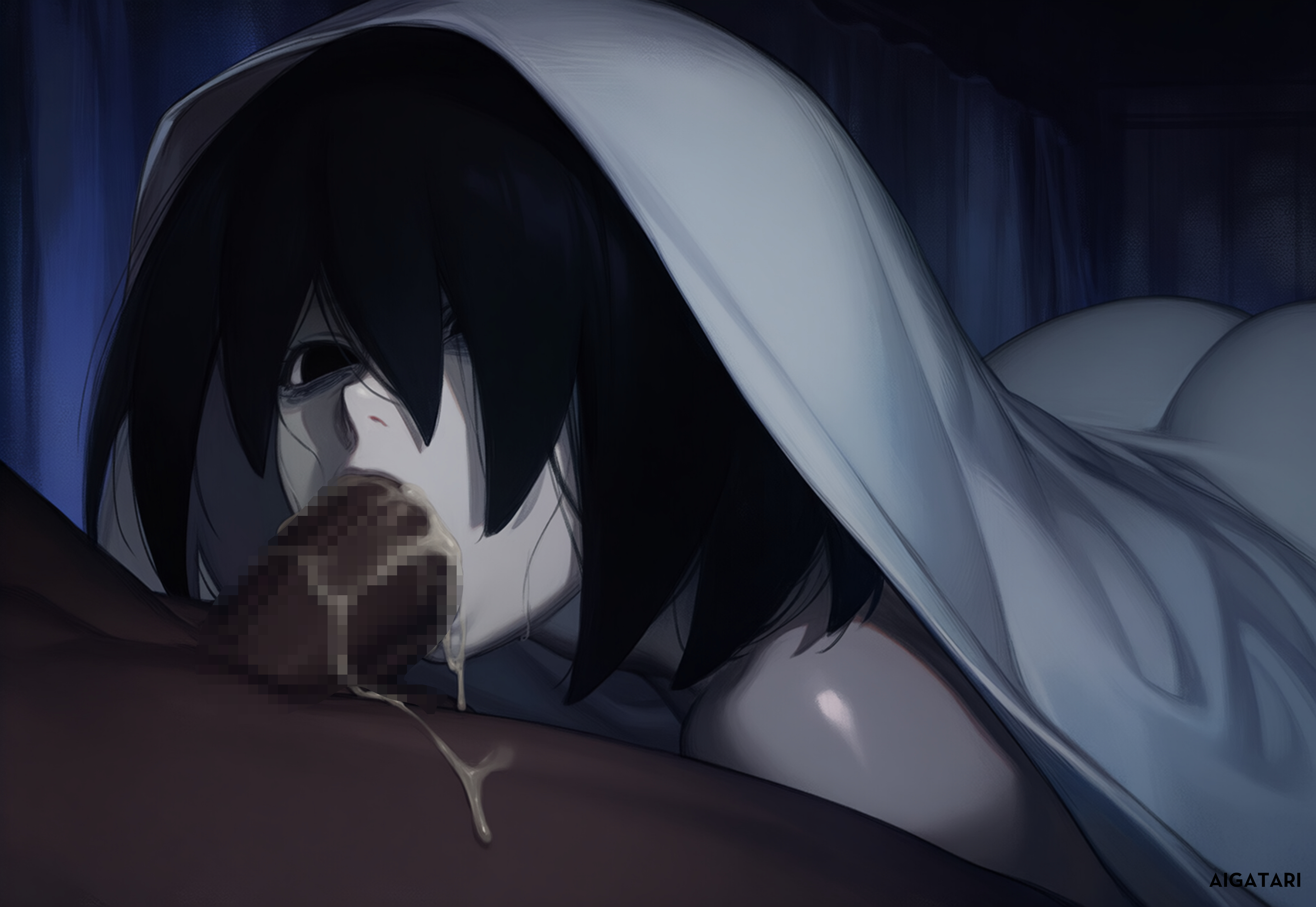 ai generated, aigatari, ass, blowjob, creepy, cum, cum in mouth, curvy, dark skin, dark-skinned male, deepthroat, fellatio, female, ghost girl, horror, huge ass, interracial, male, monogatari (series), oral, oshino ougi, pale skin, under blanket, very dark skin