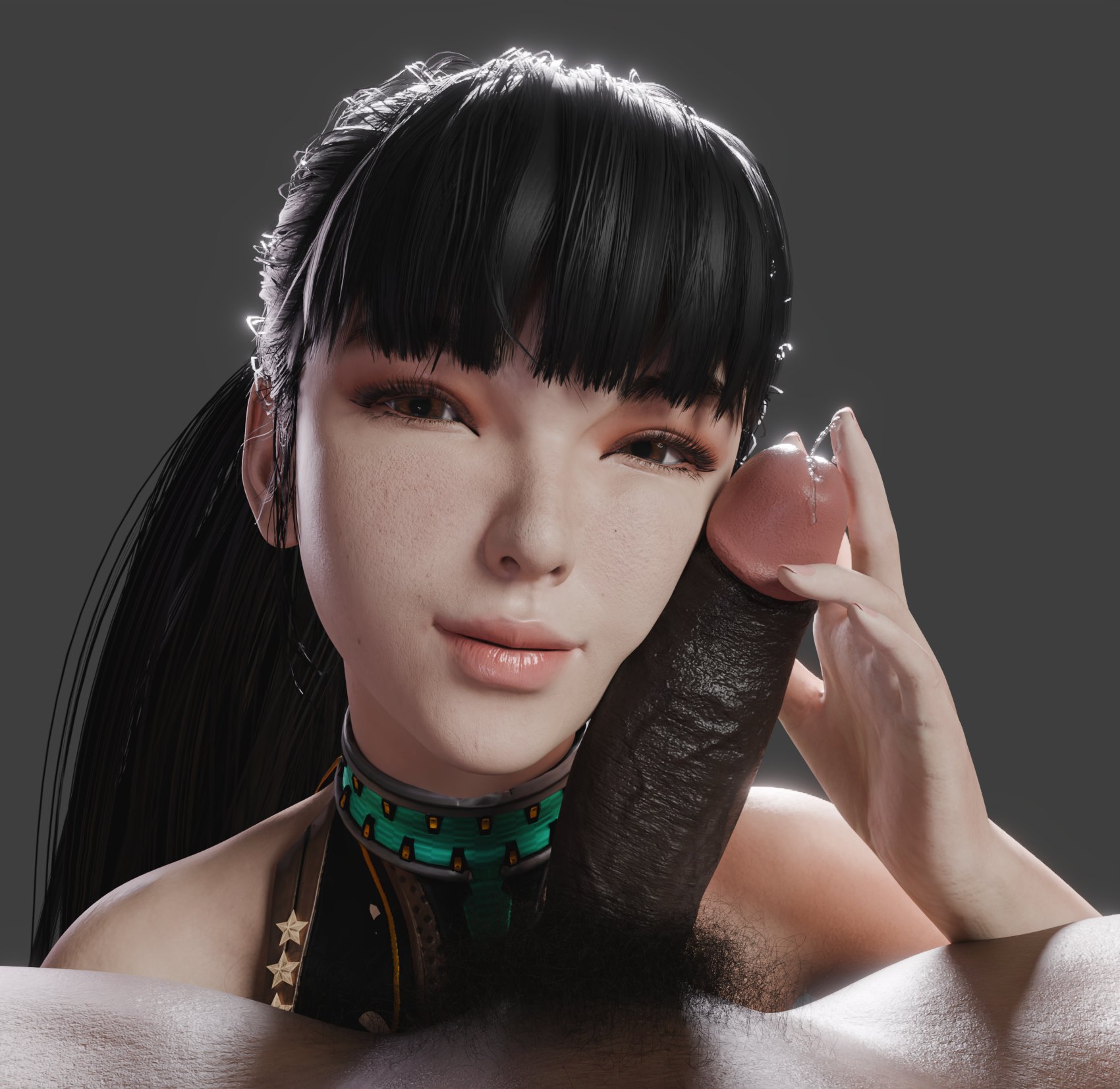 1boy, 1girls, 3d, asian female, black eyes, black hair, bushy eyebrows, clothed female nude male, dark skin, dark-skinned male, eve (stellar blade), female, interracial, light skin, light-skinned female, looking at viewer, male, male pov, male pubic hair, penis, pov, precum, pubic hair, shaddoll x, stellar blade, thick eyebrows