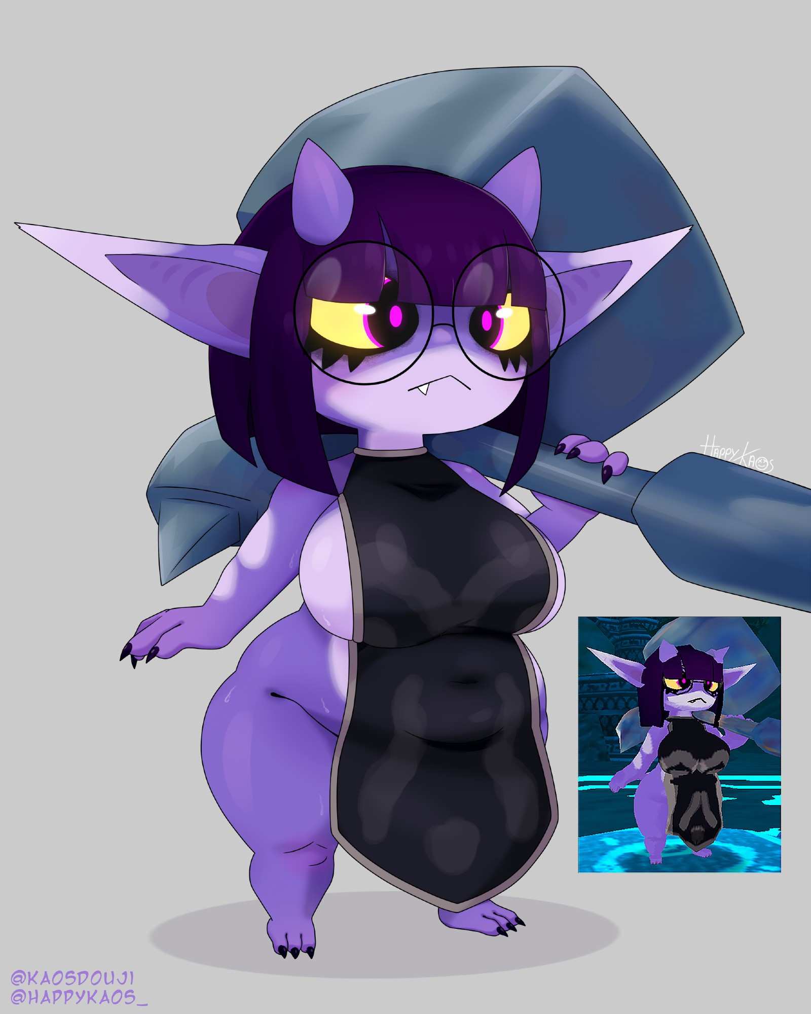 apron, apron only, atlyss, big breasts, breasts, chubby female, female, glasses, horns, imp (atlyss), kaosdouji, pointy ears, purple body, purple eyes, purple hair, shortstack