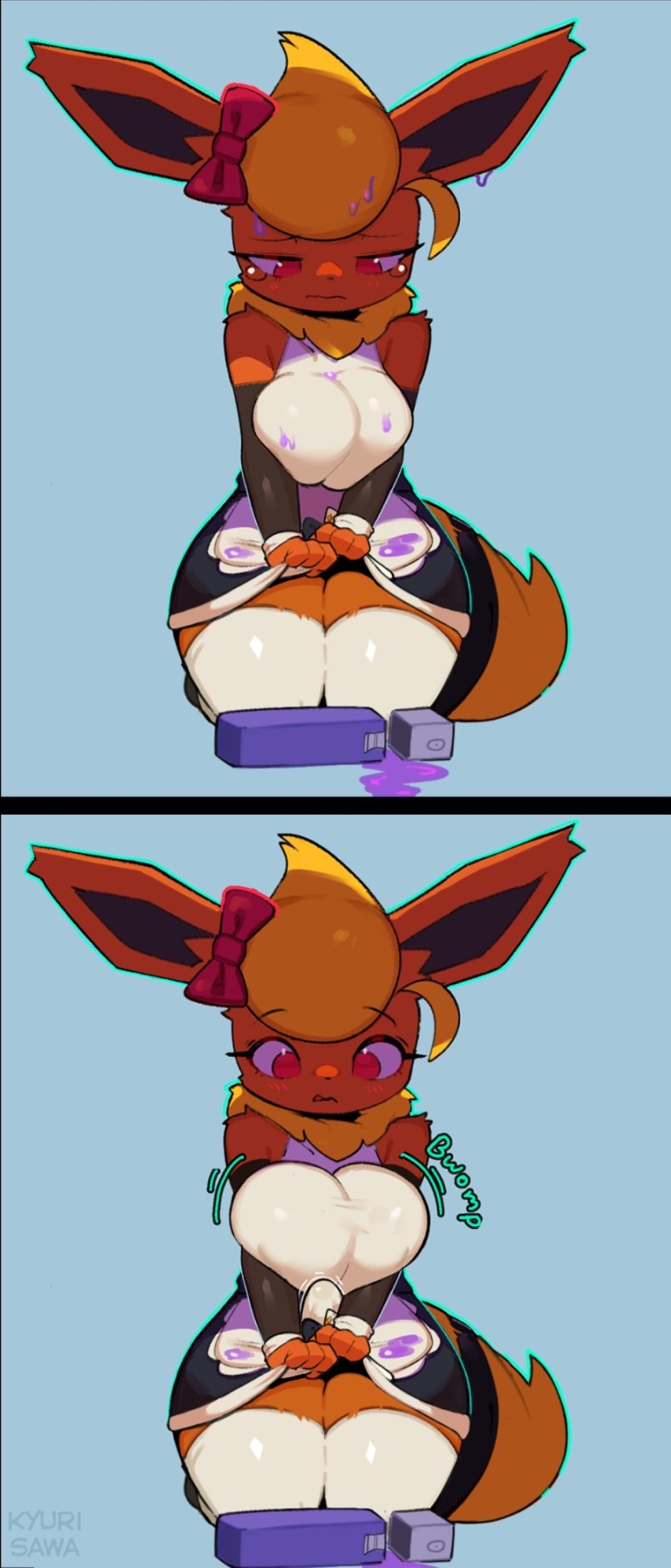 1futa 1girls anthro blank_background breasts comic_page embarrassed female female_to_futa flareon furry futa_only futa_transformation futanari growing growing_penis growth growth_potion intersex kyurisawa maid on_knees pokemon pokemon_(species) red_eyes