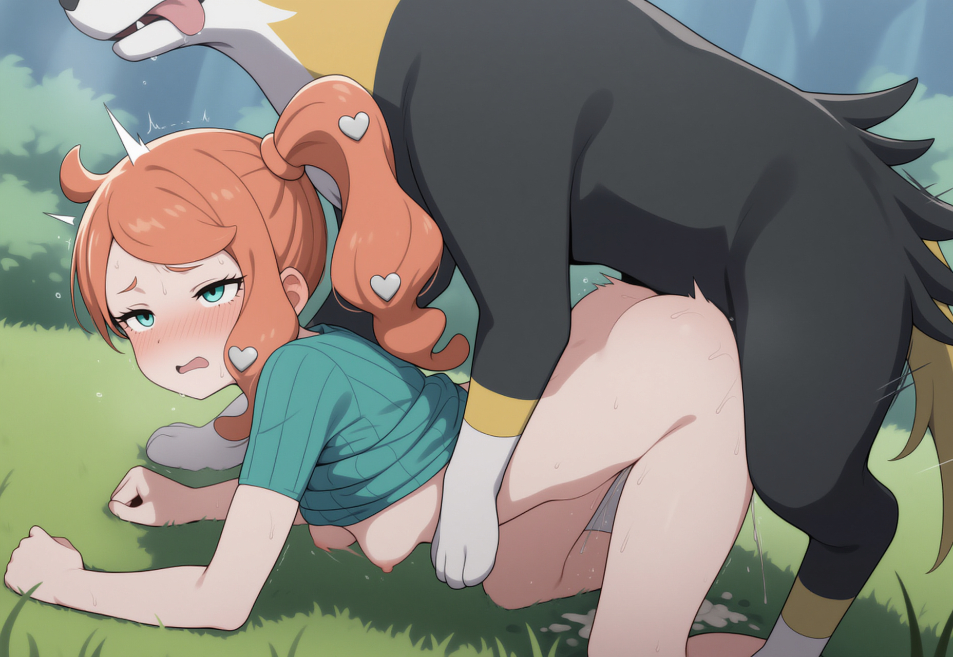 1boy, 1girls, ai generated, boltund, female, human, male, male pokemon/female human, male/female, parkinson (ai artist), pokemon, pokemon (species), pokemon ss, pokephilia, sonia (pokemon)