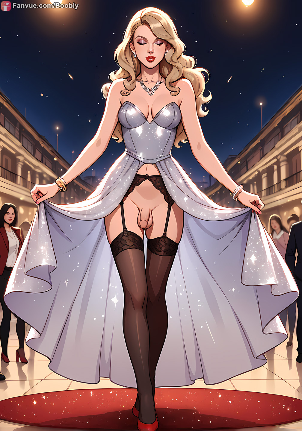 1futa, ai generated, blonde hair, blue eyes, boobly, breasts, celebrity, closed eyes, dress, full body, futanari, futanarization, garter belt, garter straps, glitter dress, high heels, intersex, lifting dress, lingerie, medium breasts, necklace, penis under dress, public nudity, rule 63, stockings, taylor swift