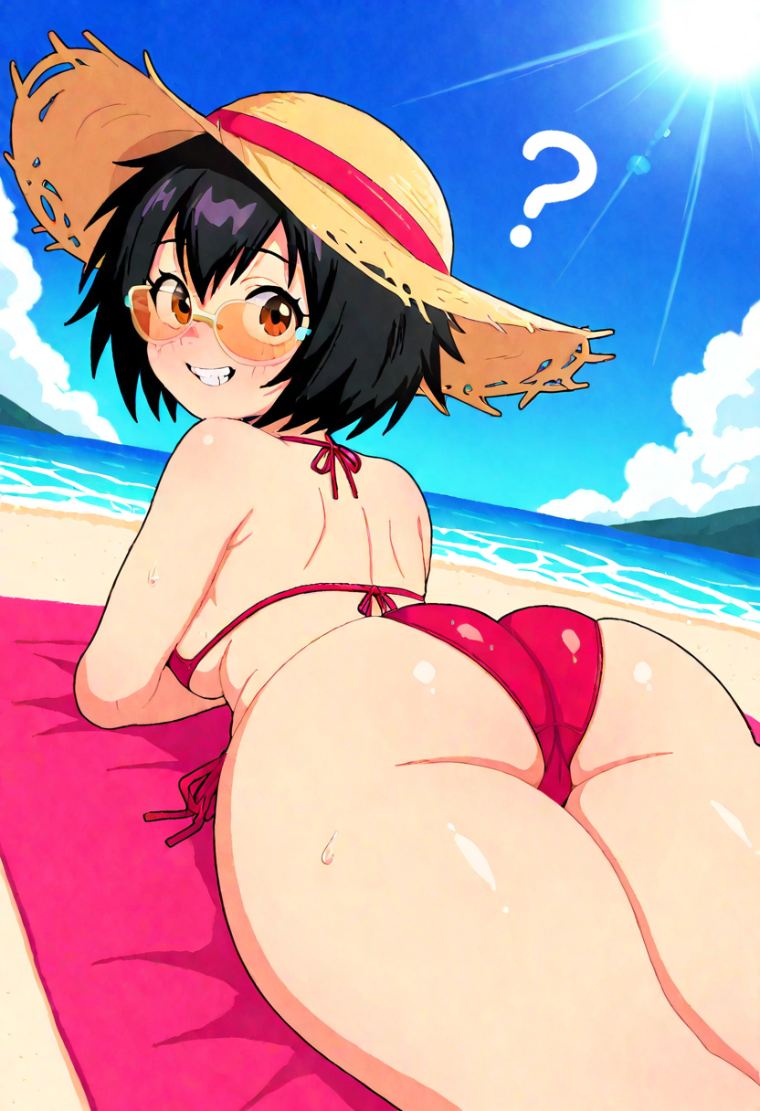 ?, ai generated, asian female, ass, beach, big ass, bikini, digital media (artwork), female, looking at viewer, looking back, marvel, marvel comics, marvel rivals, peni parker, sensuisd, short hair, smile, solo, spider-man (series), spider-man: across the spider-verse, spider-man: into the spider-verse, sunglasses, tinted eyewear