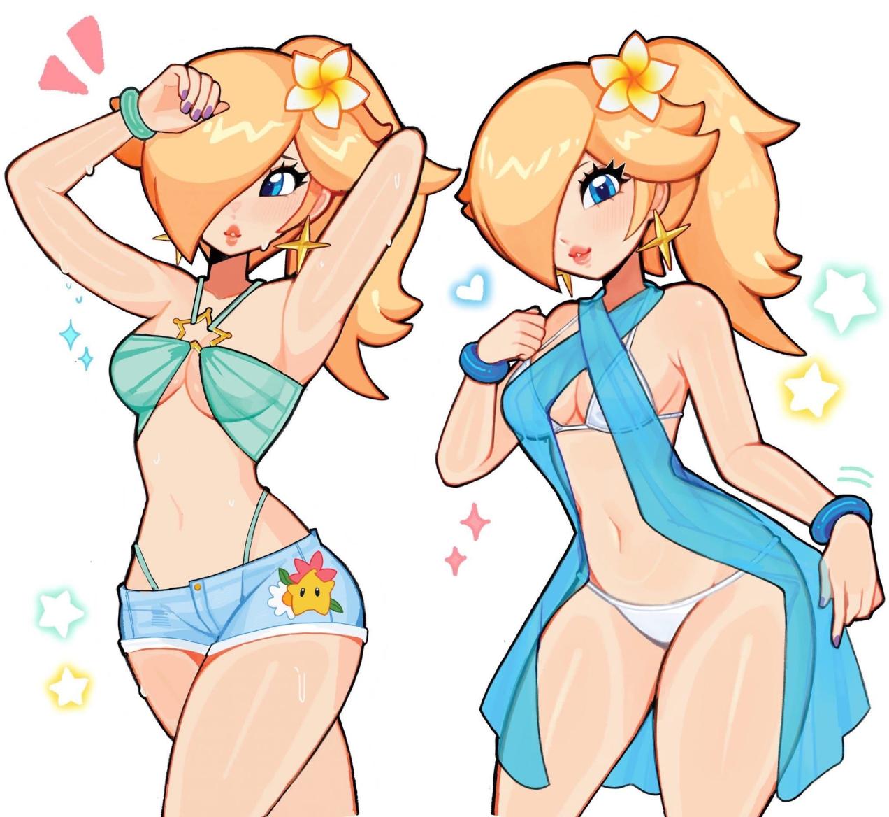 2d, 2d (artwork), 2d artwork, armpit, ass, bangs, bangs over one eye, bare arms, bare legs, bare midriff, bare shoulders, bare thighs, belly button, bikini, bikini bottom, bikini scarf, bikini top, blonde female, blonde hair, blonde ponytail, blue bikini, blue bikini top, blue booty shorts, blue bracelet, blue eyes, blue thong, blush, blush lines, blushing at viewer, booty shorts, bracelet, breasts, cleavage, ear piercing, ear ring, earring, earrings, eyelashes, female, fizzeru, flower, flower in hair, heart, heart sparkles, hourglass figure, hourglass figured female, long hair, luma, lunch star, mario (series), midriff, mushroom kingdom, nail polish, navel, nintendo, ponytail, princess, princess rosalina, purple nail polish, purple nails, see-through, see-through clothing, see-through scarf, small boobs, small breasts, smiling, smiling at viewer, sparkles, sparkling, sparkling stars, speech marker, star earring, star earrings, stars, super mario, super mario bros., sweat, sweatdrop, sweating, sweating female, sweaty, sweaty ass, sweaty body, sweaty butt, sweaty legs, sweaty thighs, thick thighs, thong, thong straps, underboob, video game, video game character, video game franchise, video games, white background, white bikini, white bikini bottom, white bikini top, yellow ear piercing, yellow earrings, yellow flower